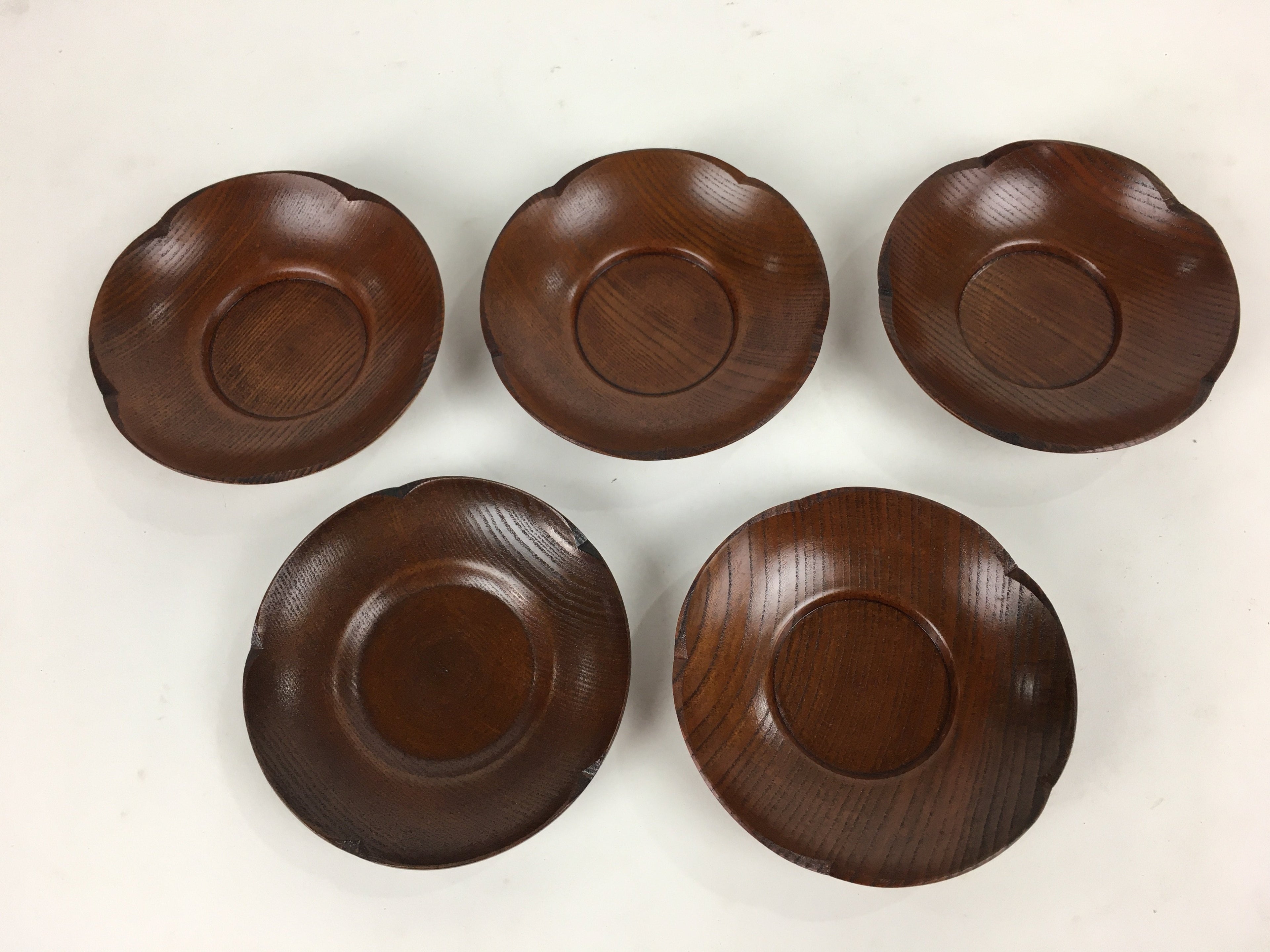 Japanese Wood lacquered Drink Saucer 5pc Set Vtg Chataku Coaster Brown UR600