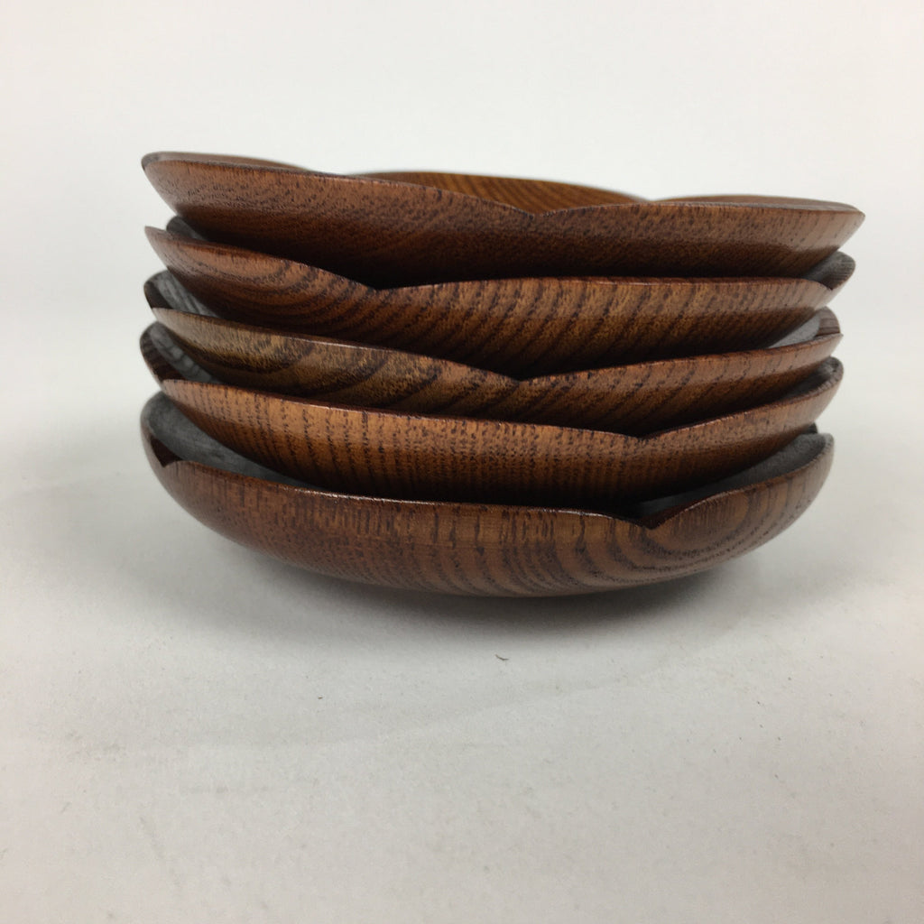 Japanese Wood lacquered Drink Saucer 5pc Set Vtg Chataku Coaster Brown UR600