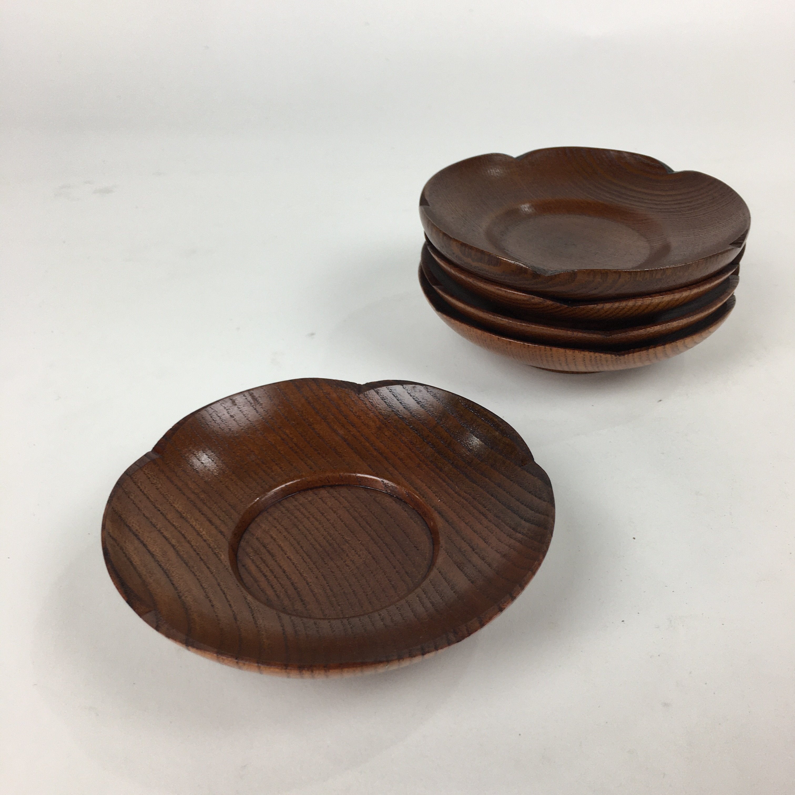 Japanese Wood lacquered Drink Saucer 5pc Set Vtg Chataku Coaster Brown UR600