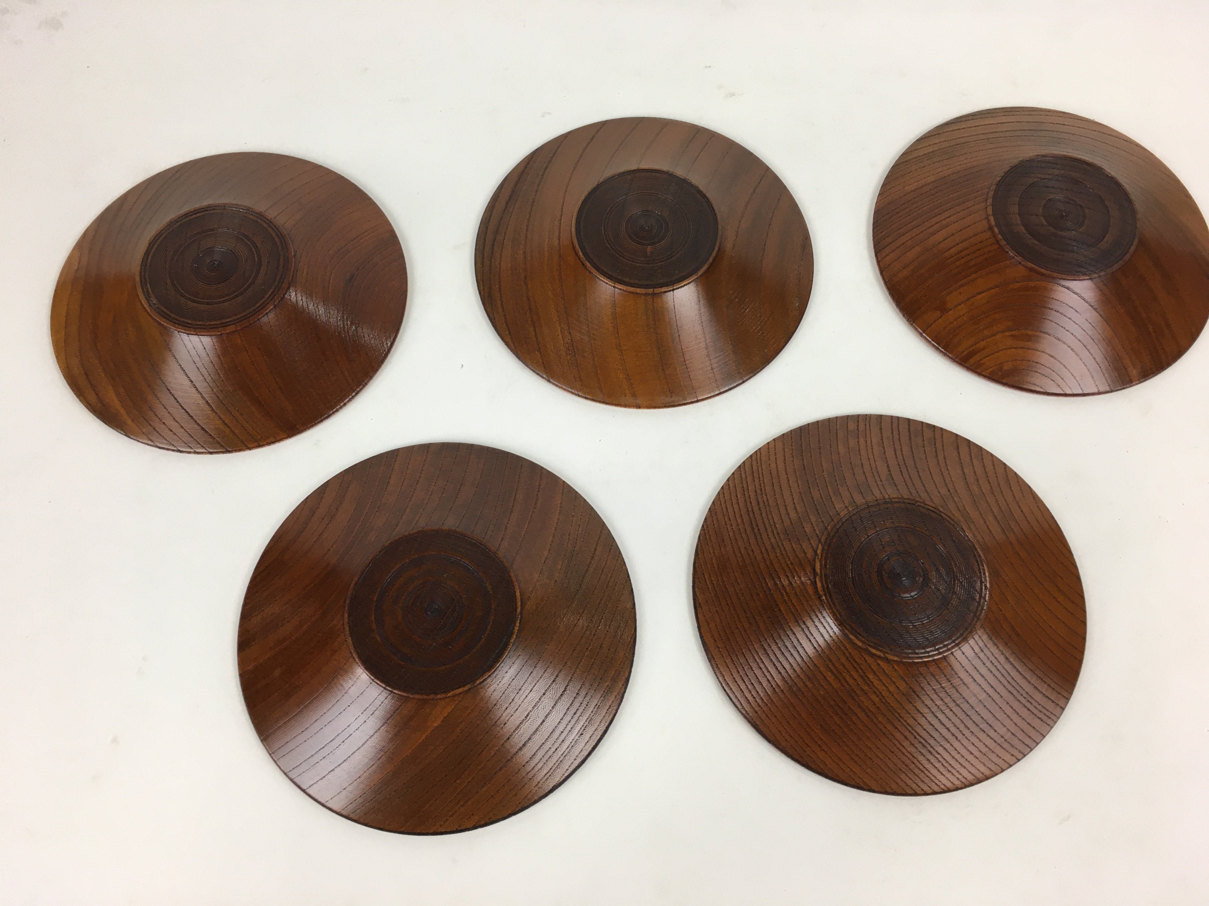 Japanese Wood lacquered Drink Saucer 5pc Set Vtg Chataku Coaster Brown UR601