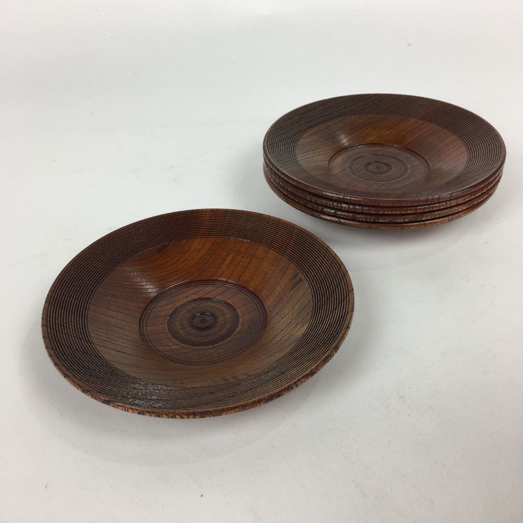 Japanese Wood lacquered Drink Saucer 5pc Set Vtg Chataku Coaster Brown UR601