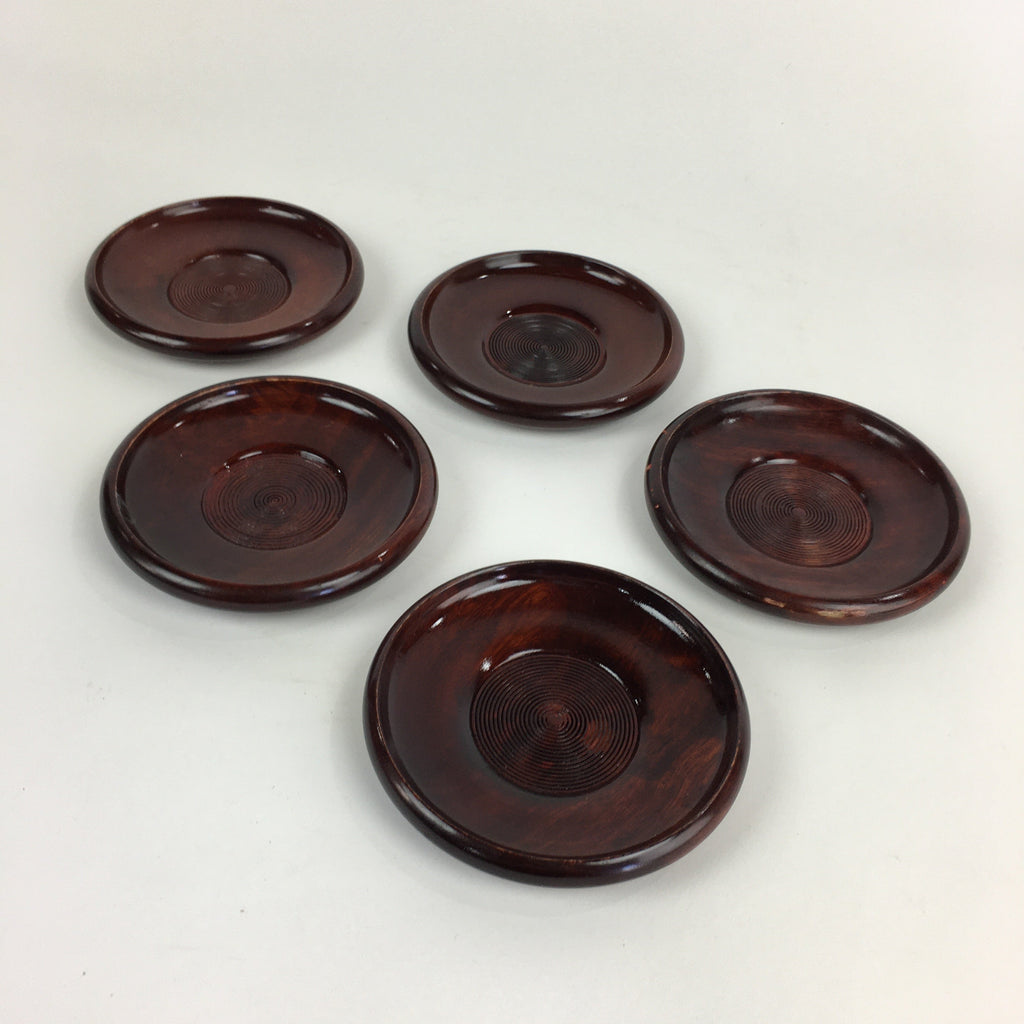 Japanese Wood lacquered Drink Saucer 5pc Set Vtg Chataku Coaster Brown UR718