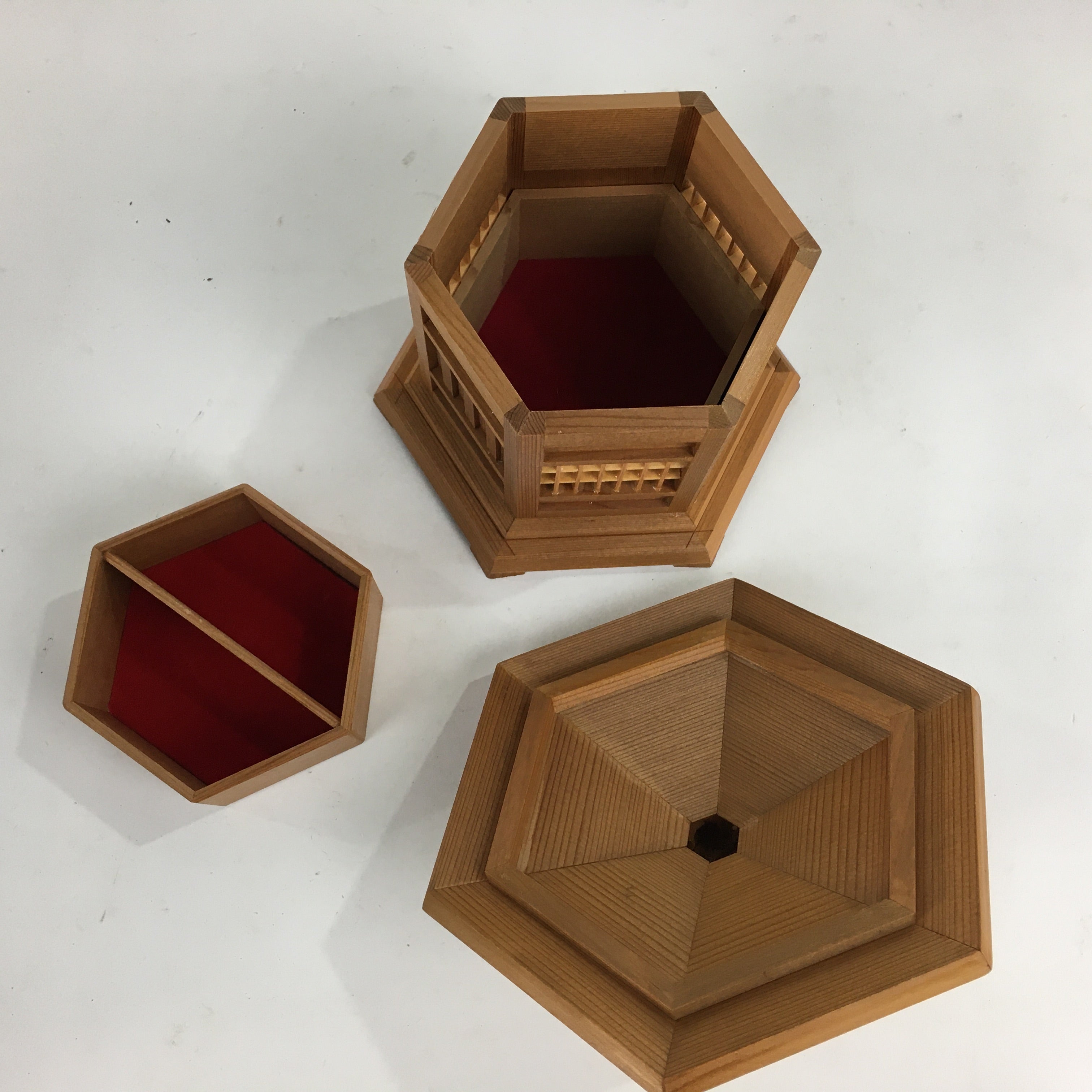 Japanese Wooden Accessory Box Vtg Boxed Hexagonal Lantern Two-tiered PX596