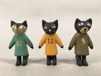 Japanese Wooden Black Cat Figurine Set 3pc Vtg Doll Number Green Yellow KF440