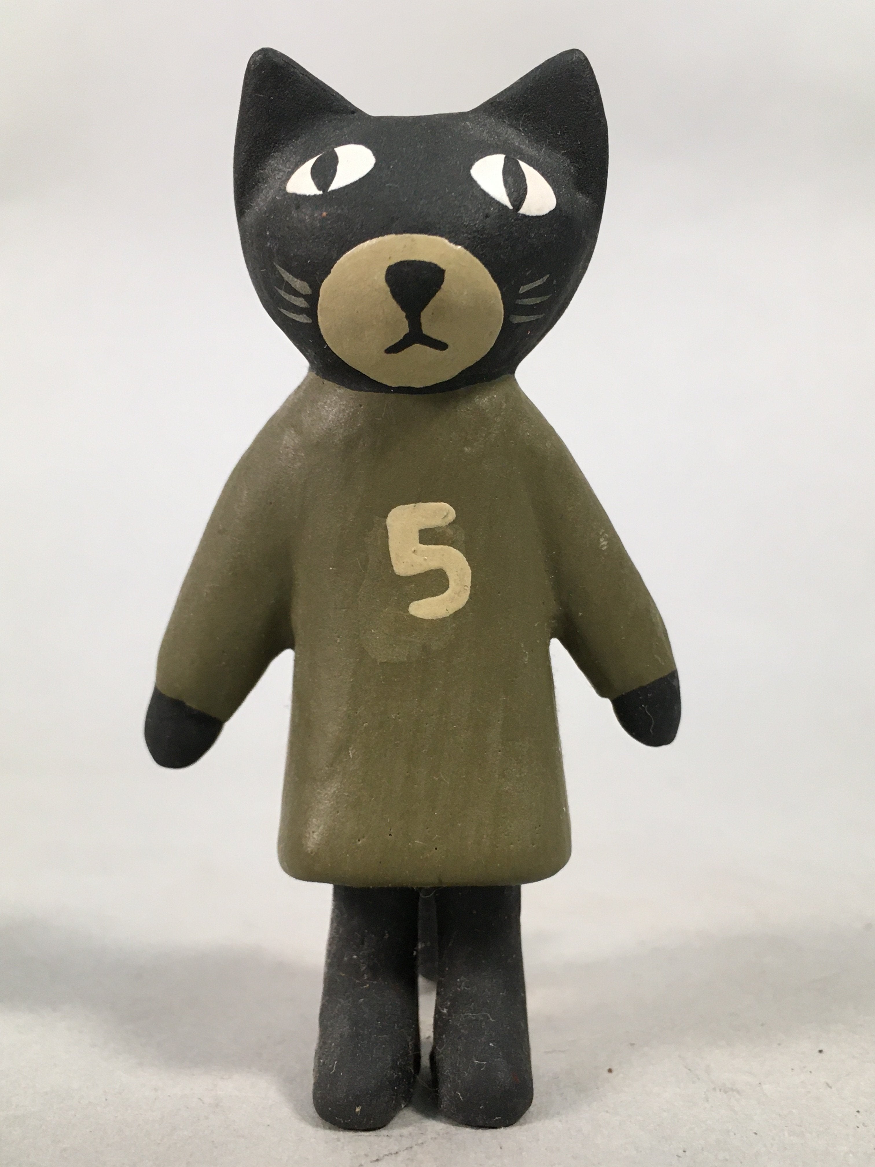 Japanese Wooden Black Cat Figurine Set 3pc Vtg Doll Number Green Yellow KF440