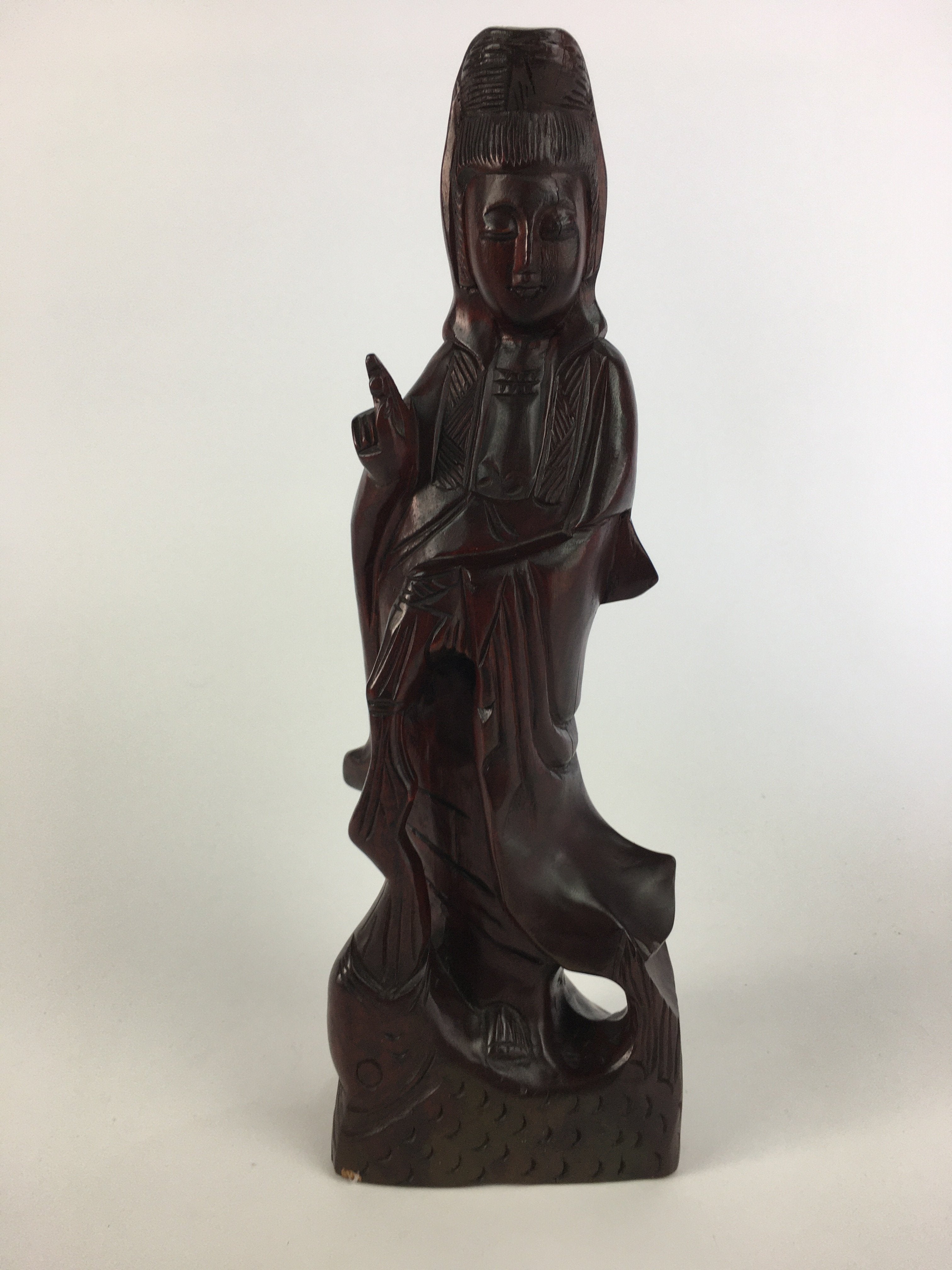 Japanese Wooden Buddhist Statue Vtg Figurine Kannon Bosatsu Fish BD628