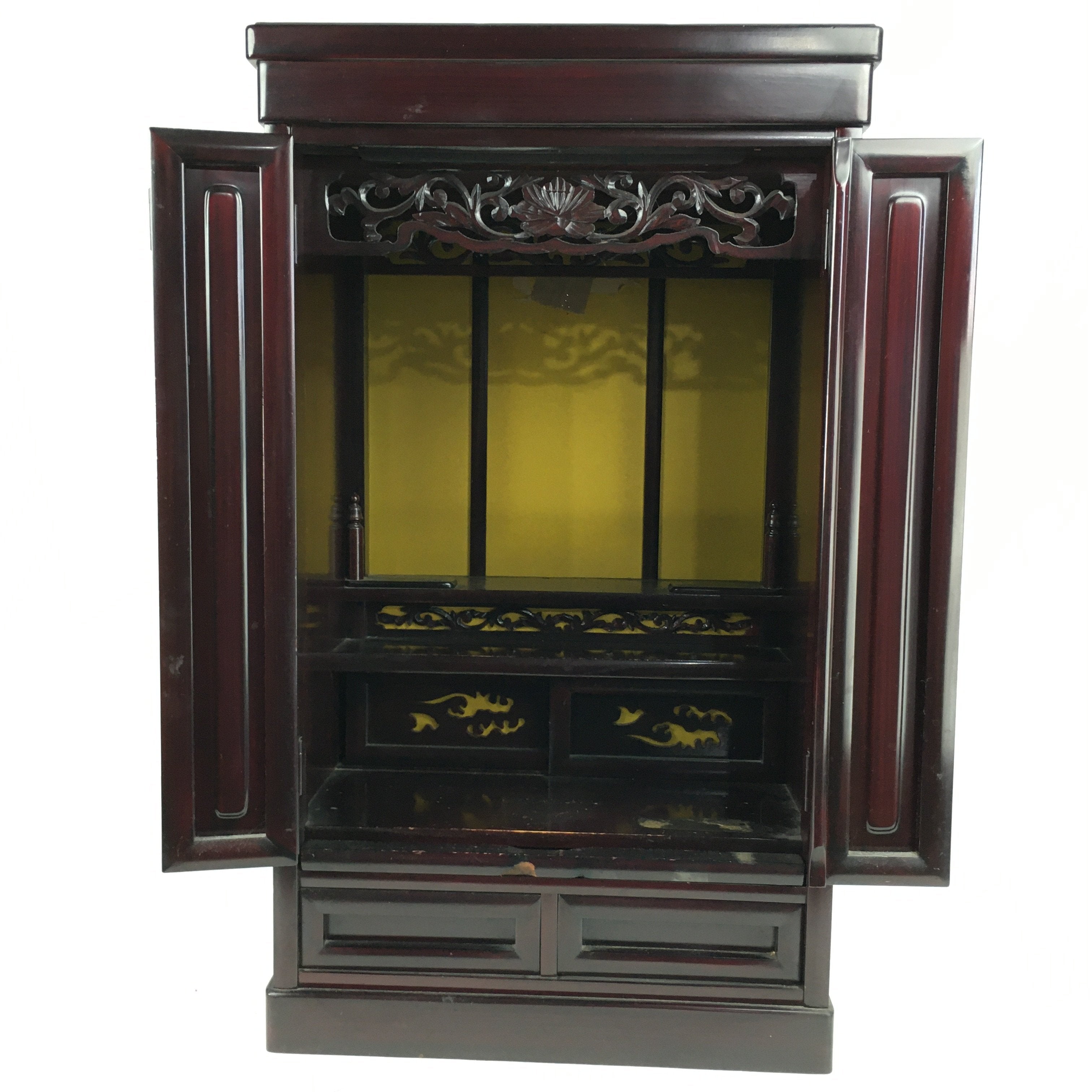 Japanese Wooden Buddhist altar Vtg Butsudan Wood Cabinet Reddish-Brown T249