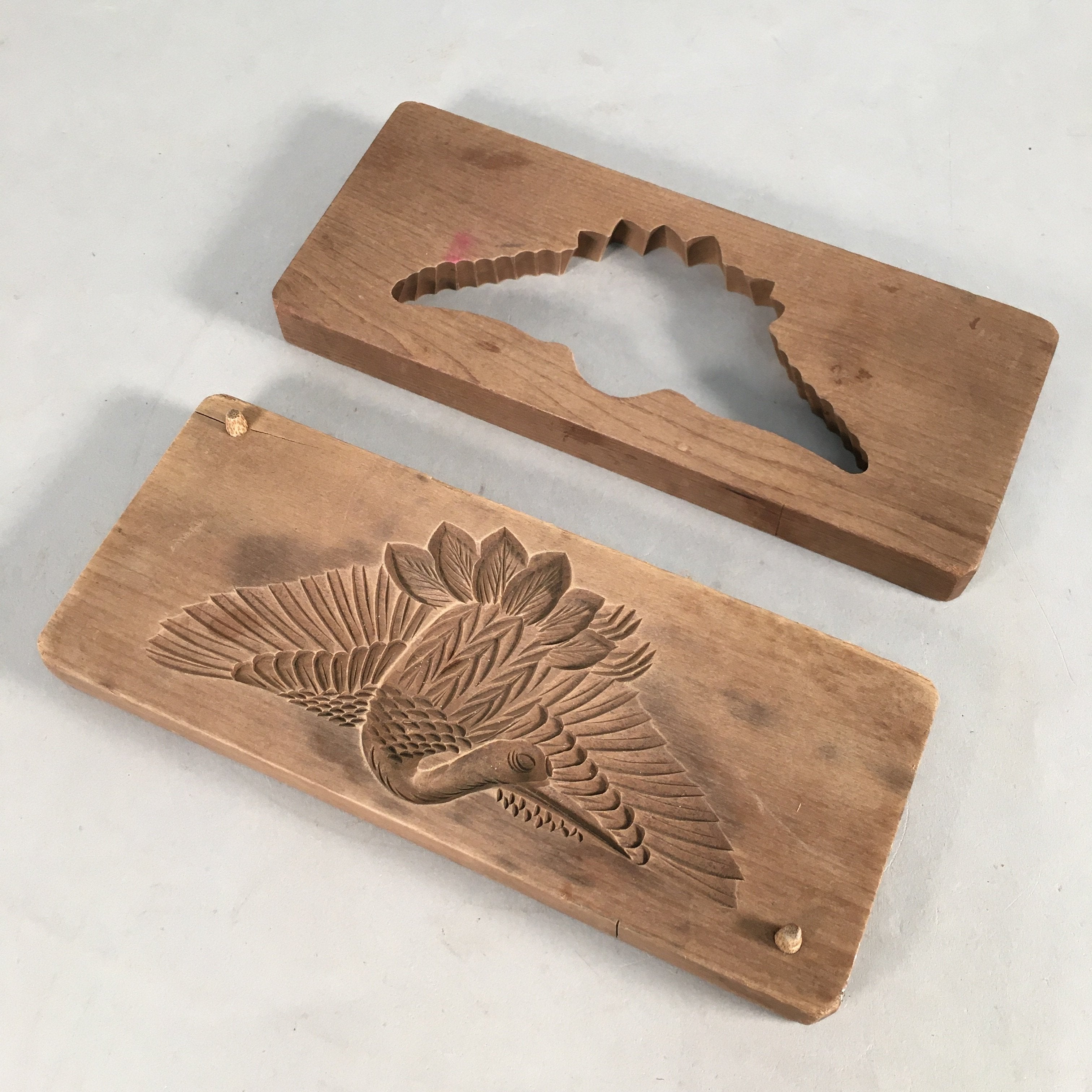 Japanese Wooden Cake Mold Kashigata Sweets Vtg Carving Brown Crane Kg290