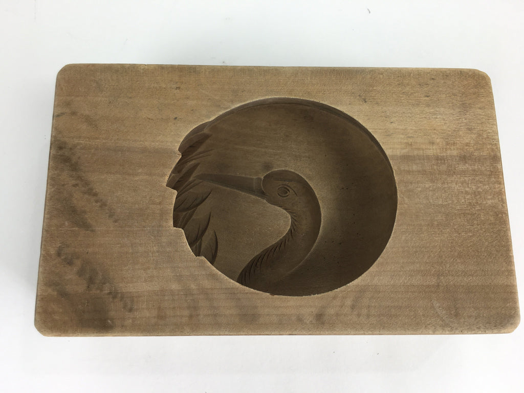Japanese Wooden Cake Mold Kashigata Sweets Vtg Carving Brown Crane Kg359