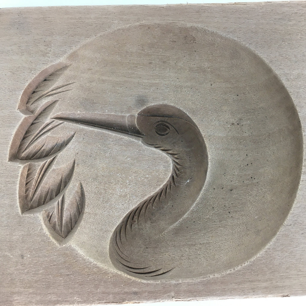 Japanese Wooden Cake Mold Kashigata Sweets Vtg Carving Brown Crane Kg359