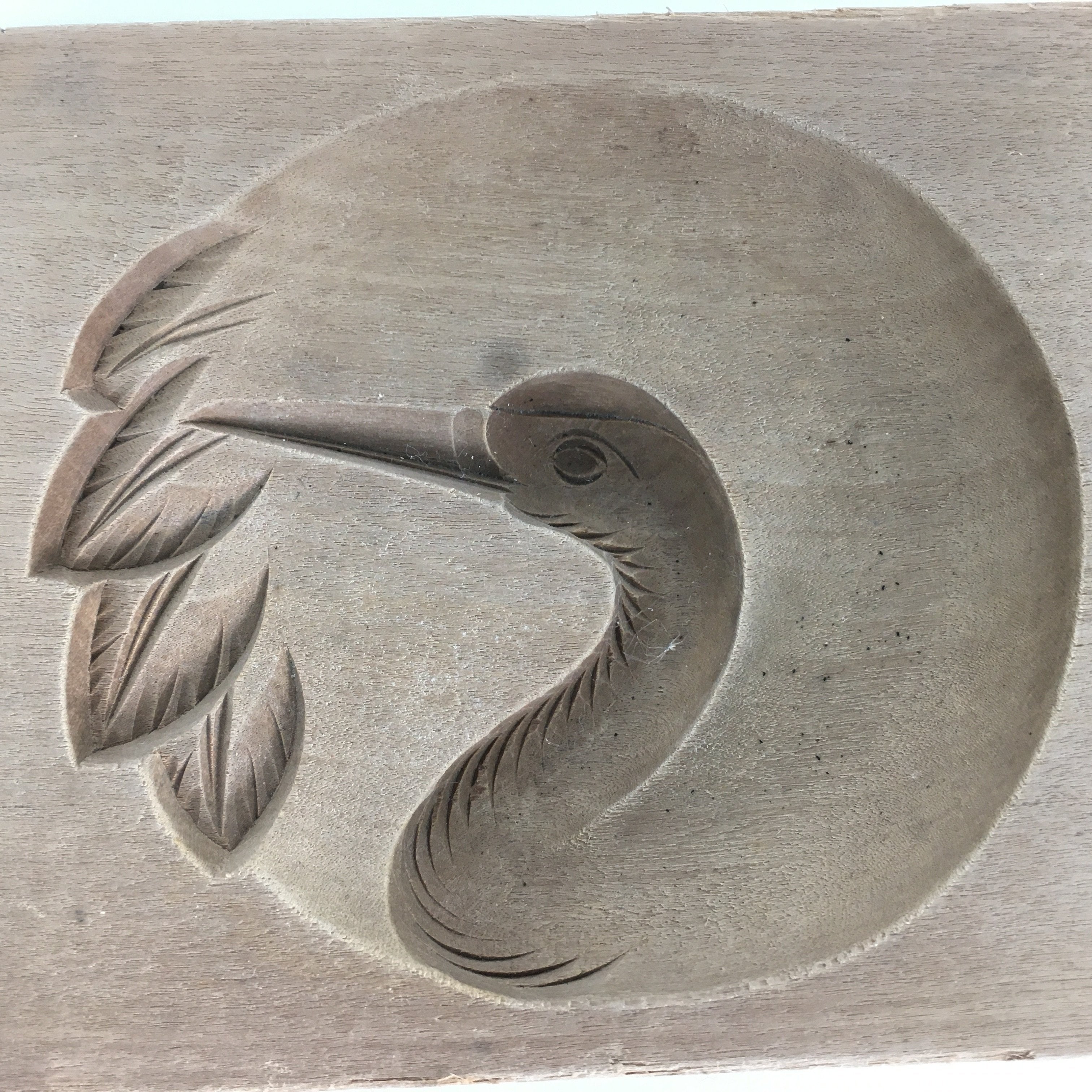 Japanese Wooden Cake Mold Kashigata Sweets Vtg Carving Brown Crane Kg359
