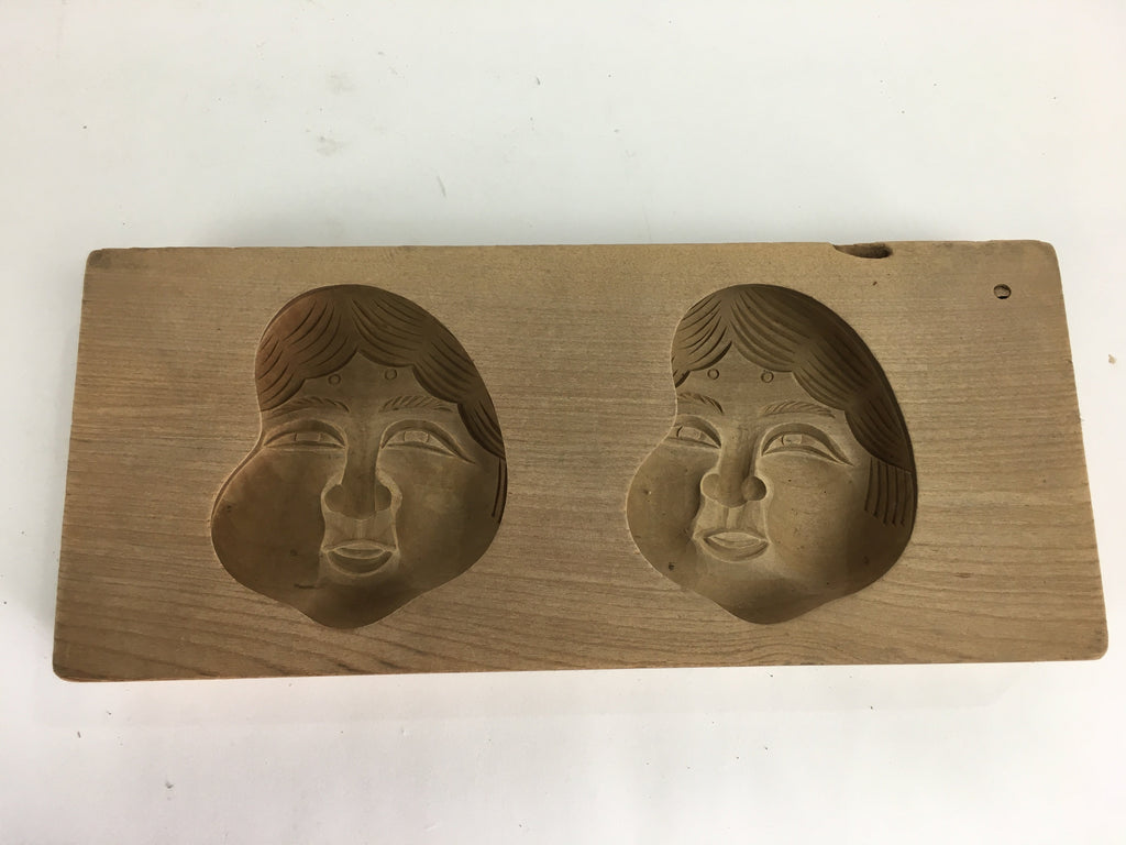 Japanese Wooden Cake Mold Kashigata Sweets Vtg Carving Brown Otafuku Lady Kg371