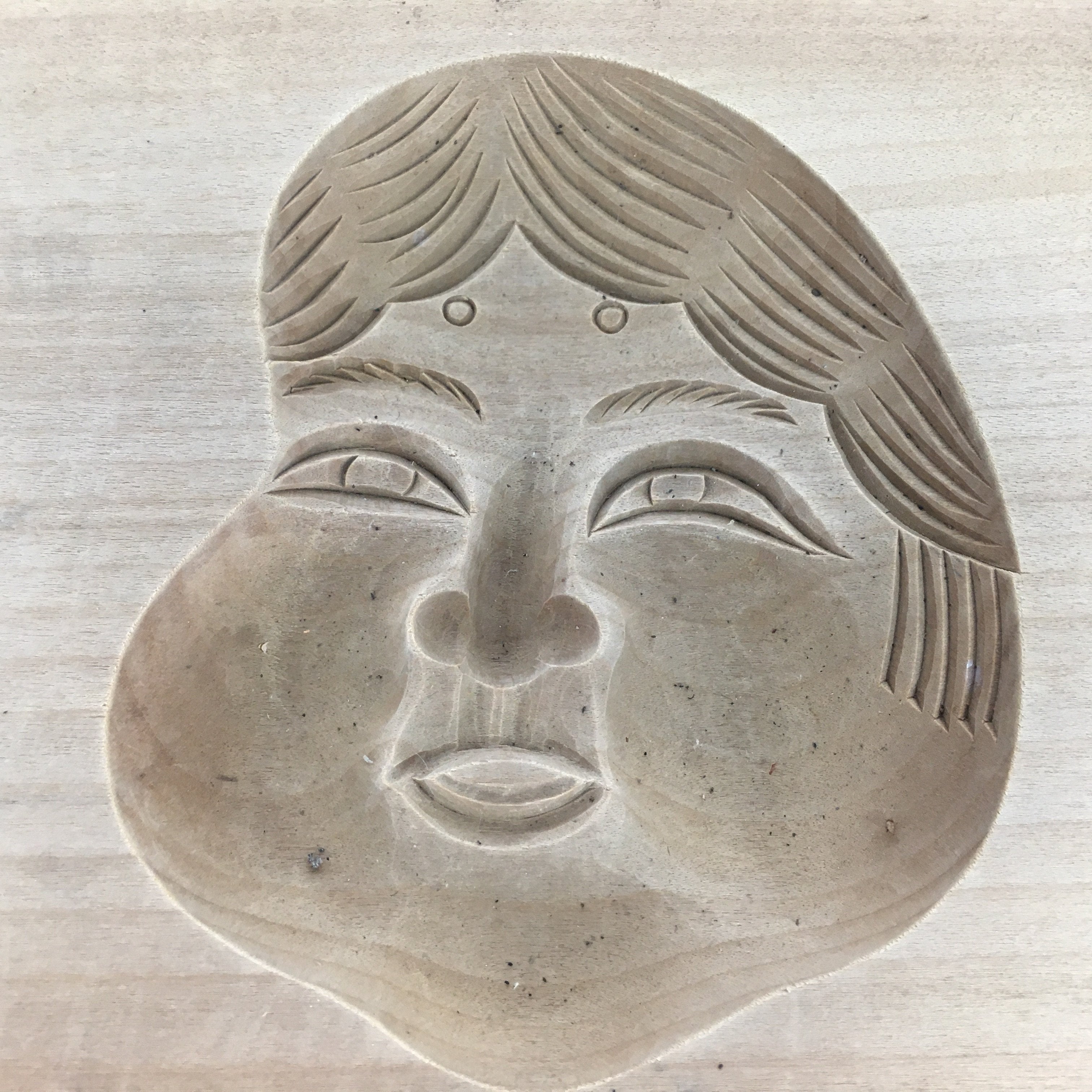 Japanese Wooden Cake Mold Kashigata Sweets Vtg Carving Brown Otafuku Lady Kg371