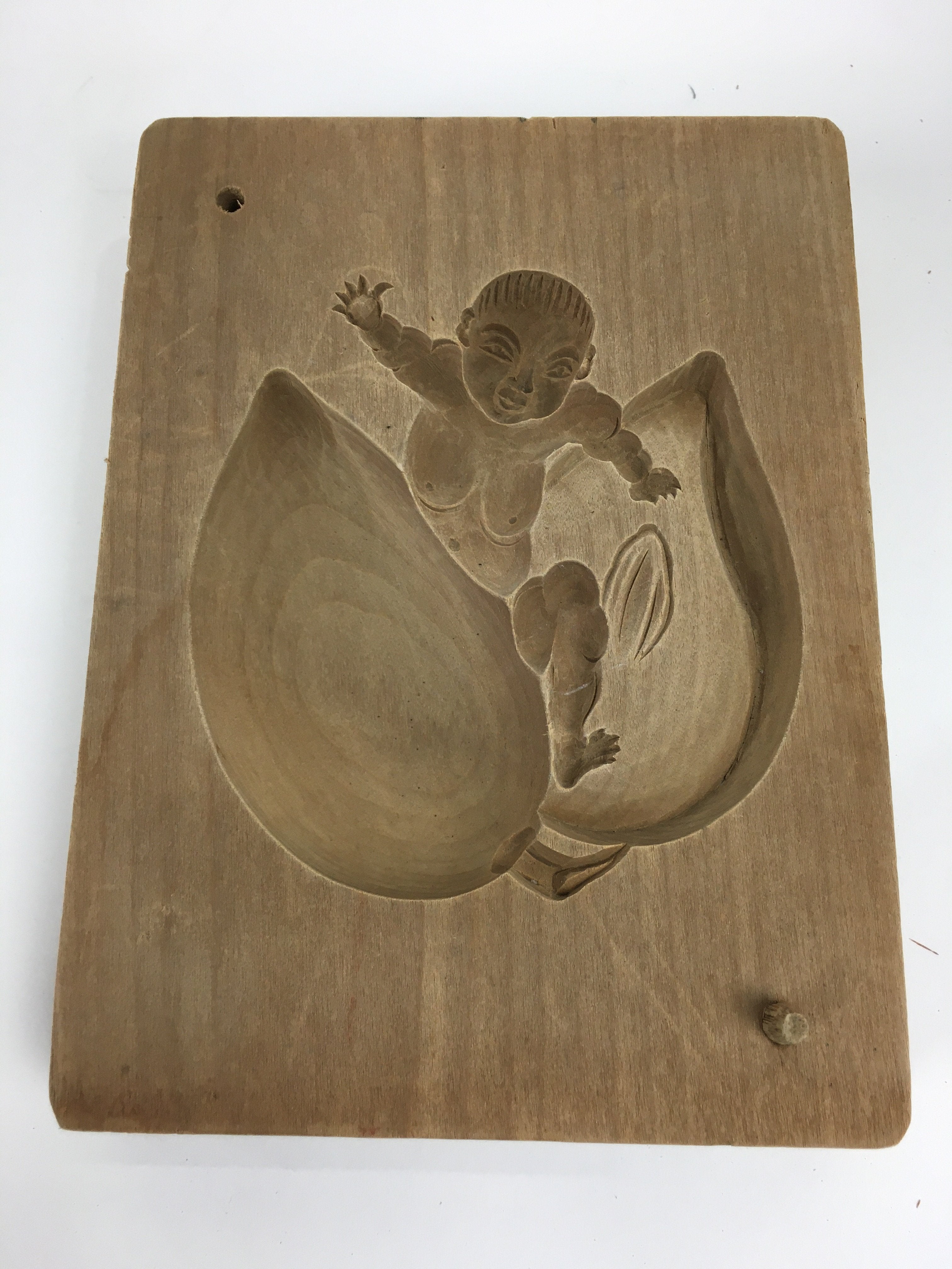 Japanese Wooden Cake Mold Kashigata Sweets Vtg Carving Brown Peach Boy Kg355