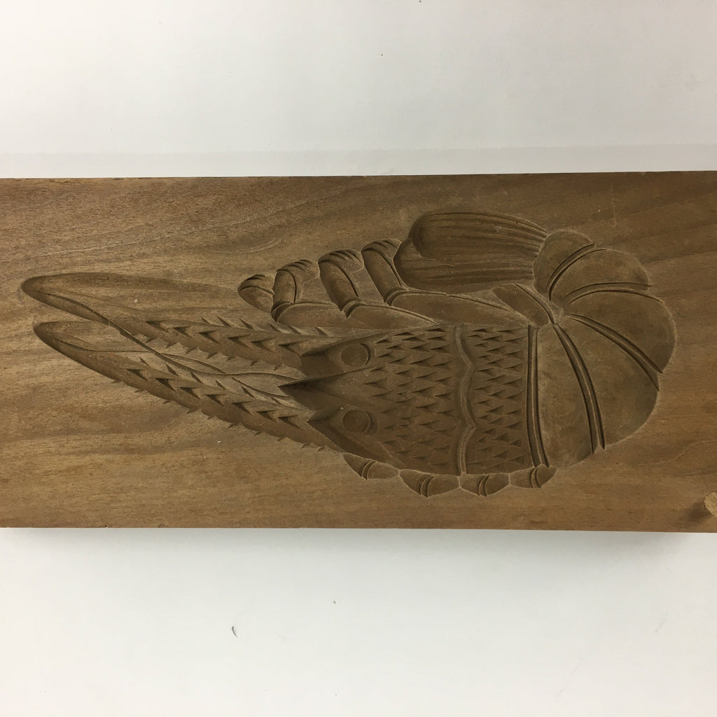 Japanese Wooden Cake Mold Kashigata Sweets Vtg Carving Brown Shrimp Kg356