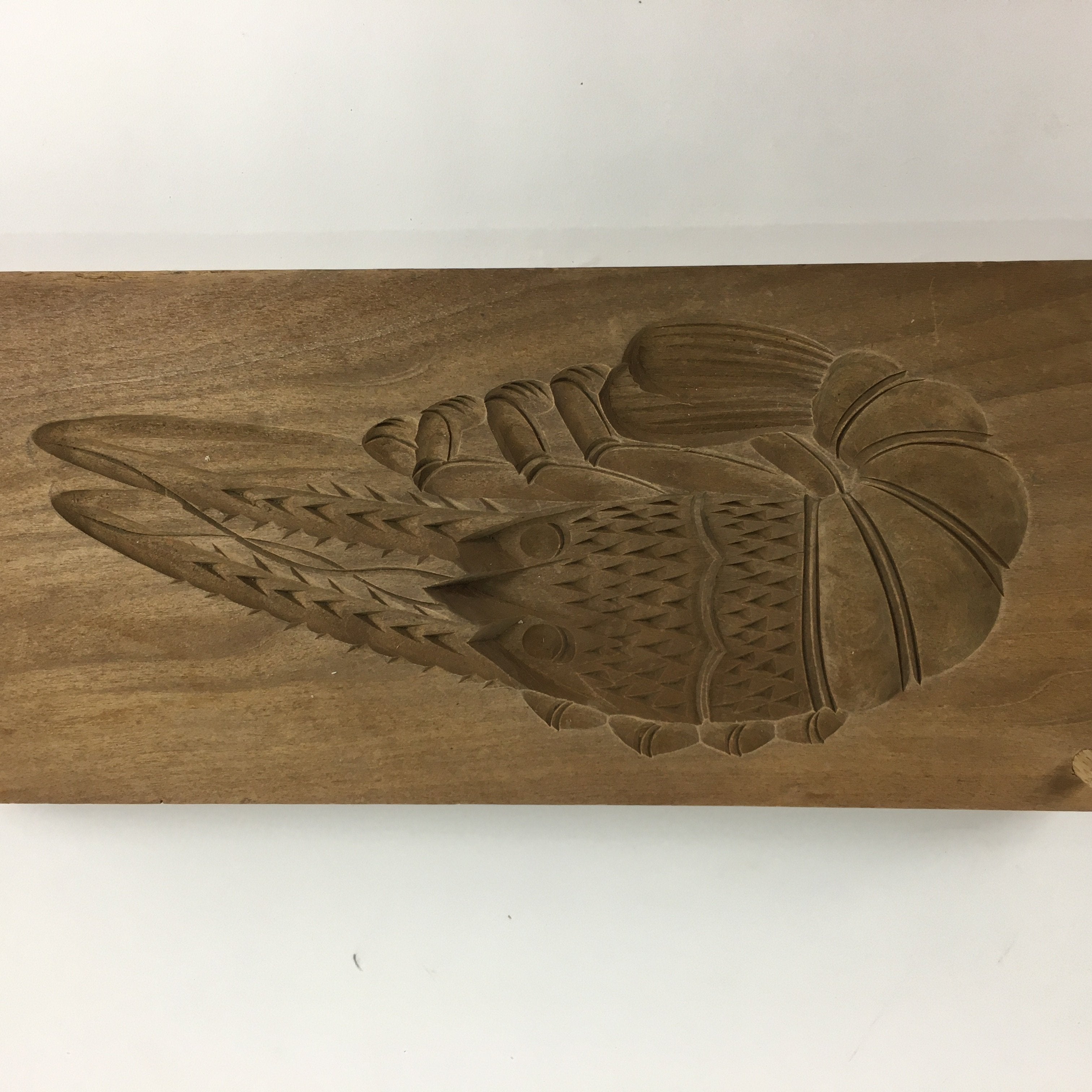 Japanese Wooden Cake Mold Kashigata Sweets Vtg Carving Brown Shrimp Kg356