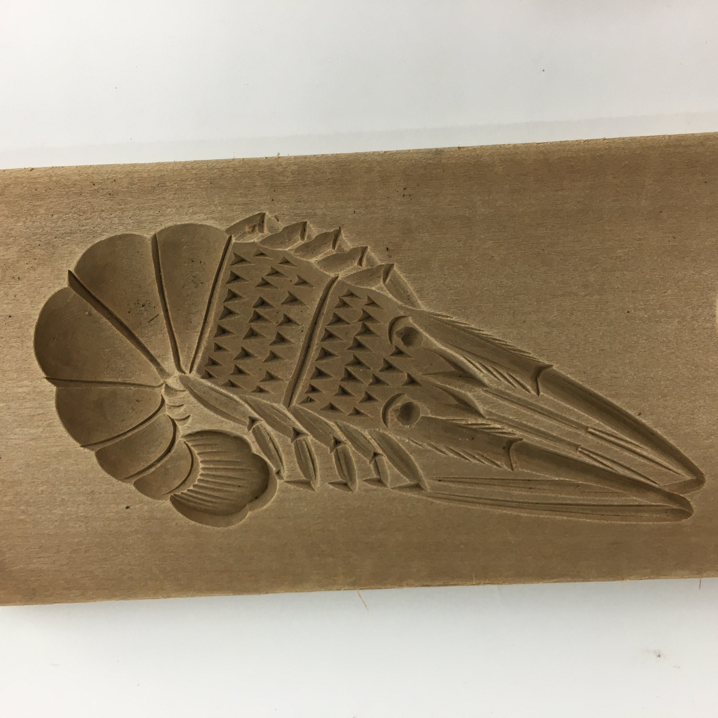 Japanese Wooden Cake Mold Kashigata Sweets Vtg Carving Brown Shrimps Kg357