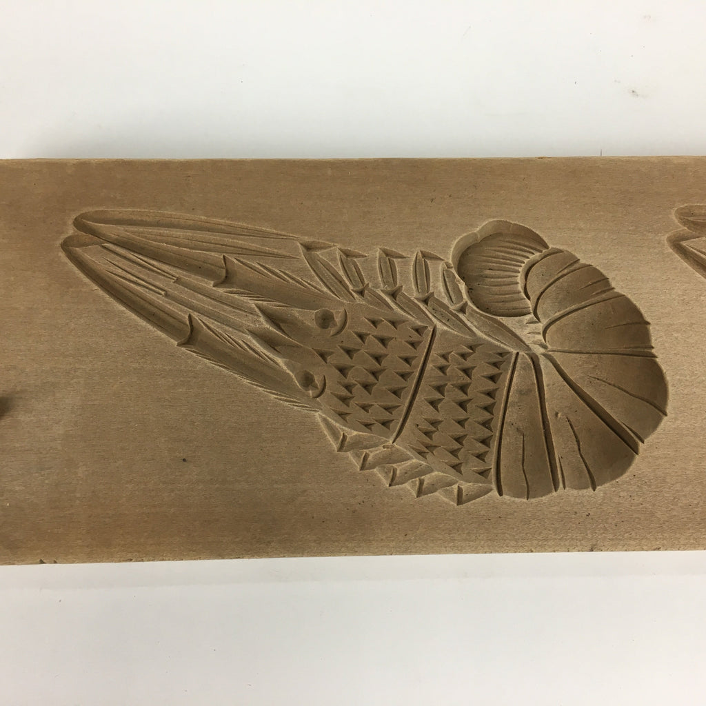 Japanese Wooden Cake Mold Kashigata Sweets Vtg Carving Brown Shrimps Kg357