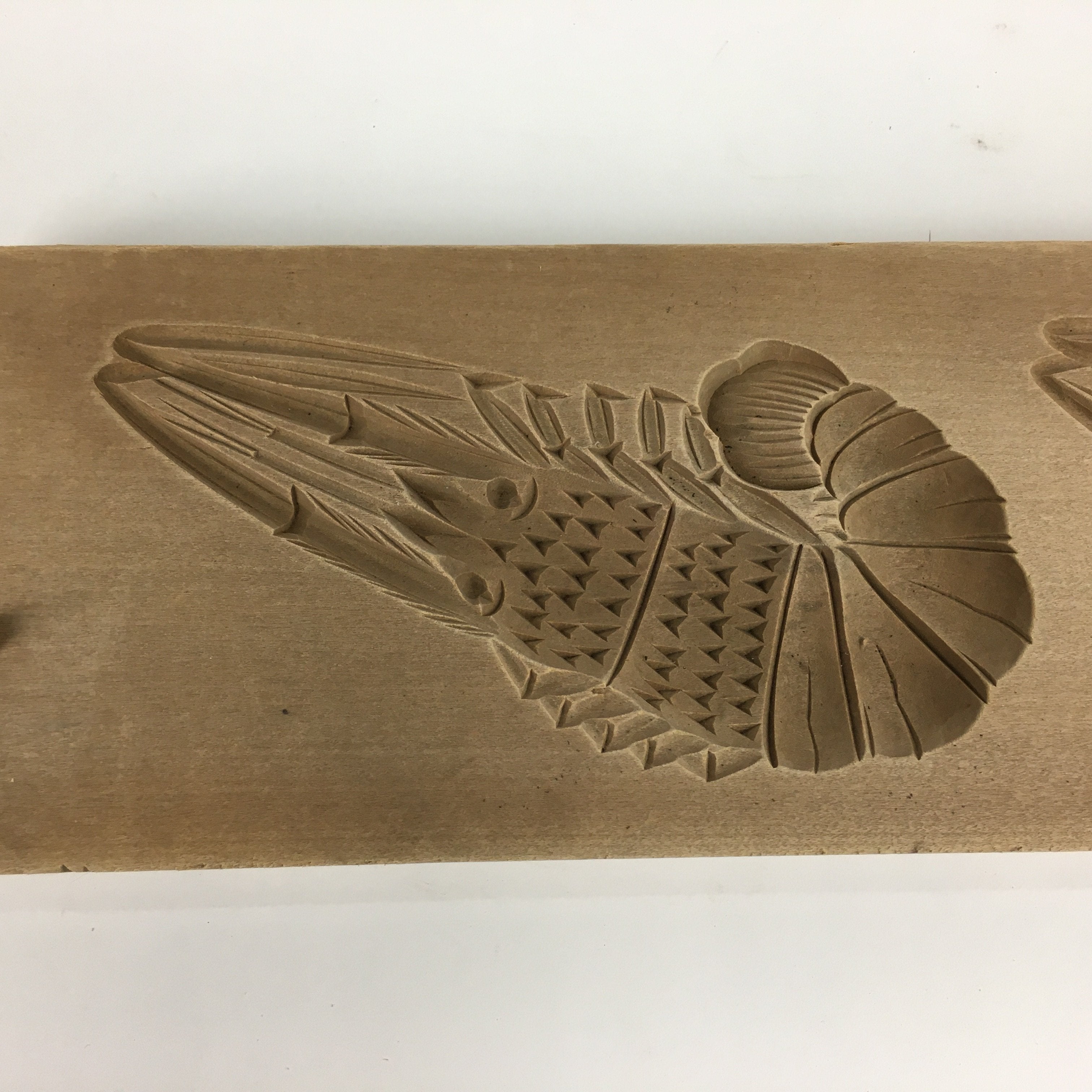 Japanese Wooden Cake Mold Kashigata Sweets Vtg Carving Brown Shrimps Kg357