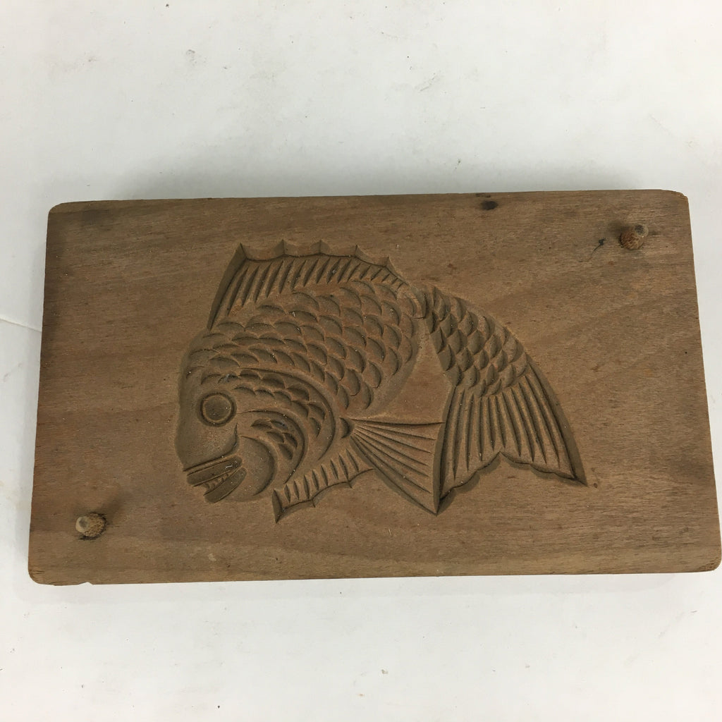 Japanese Wooden Cake Mold Kashigata Sweets Vtg Carving Brown Snapper Kg341