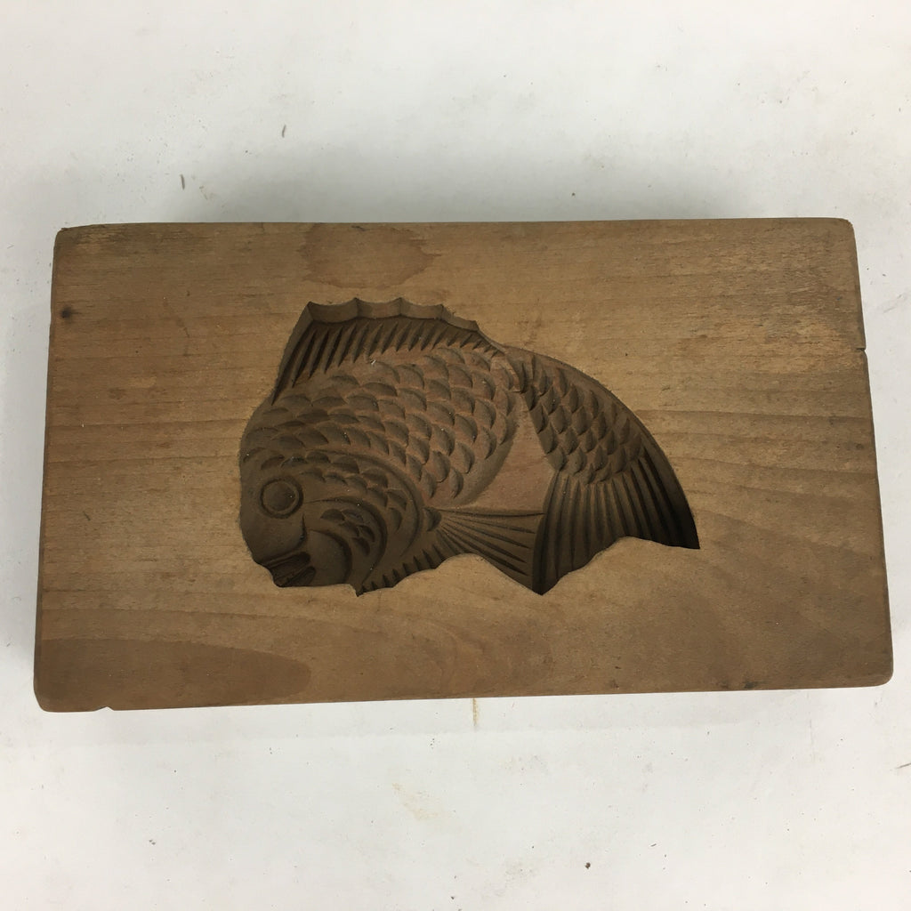 Japanese Wooden Cake Mold Kashigata Sweets Vtg Carving Brown Snapper Kg341