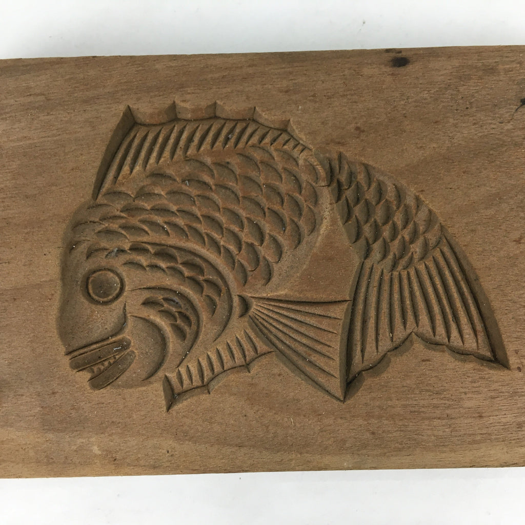 Japanese Wooden Cake Mold Kashigata Sweets Vtg Carving Brown Snapper Kg341
