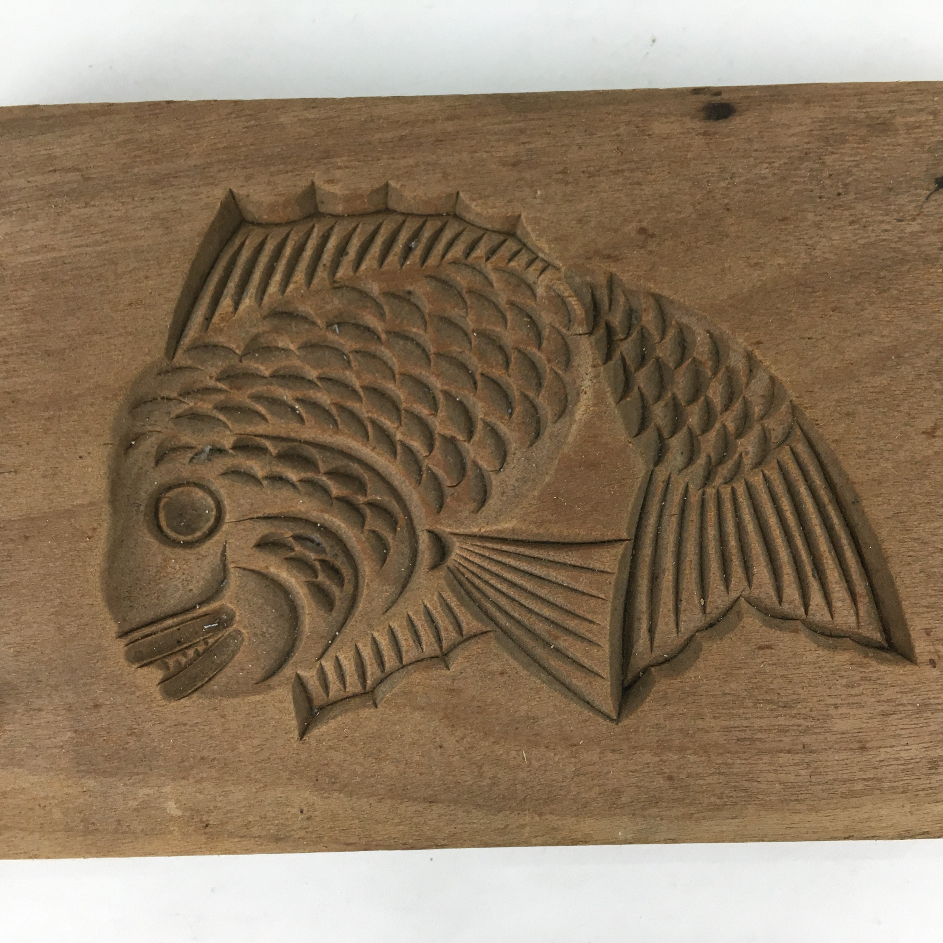 Japanese Wooden Cake Mold Kashigata Sweets Vtg Carving Brown Snapper Kg341