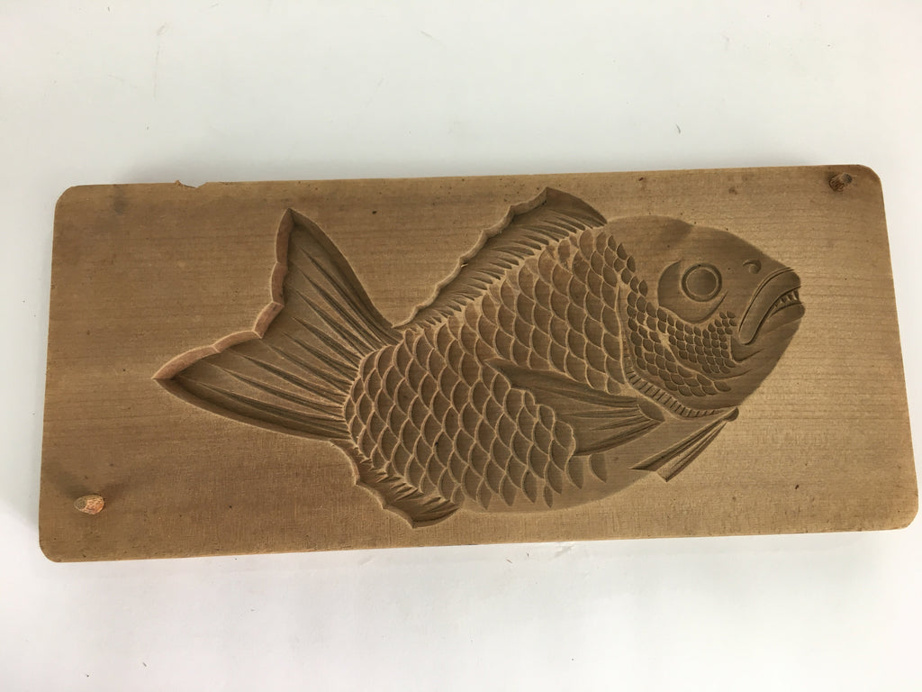 Japanese Wooden Cake Mold Kashigata Sweets Vtg Carving Brown Snapper Kg364