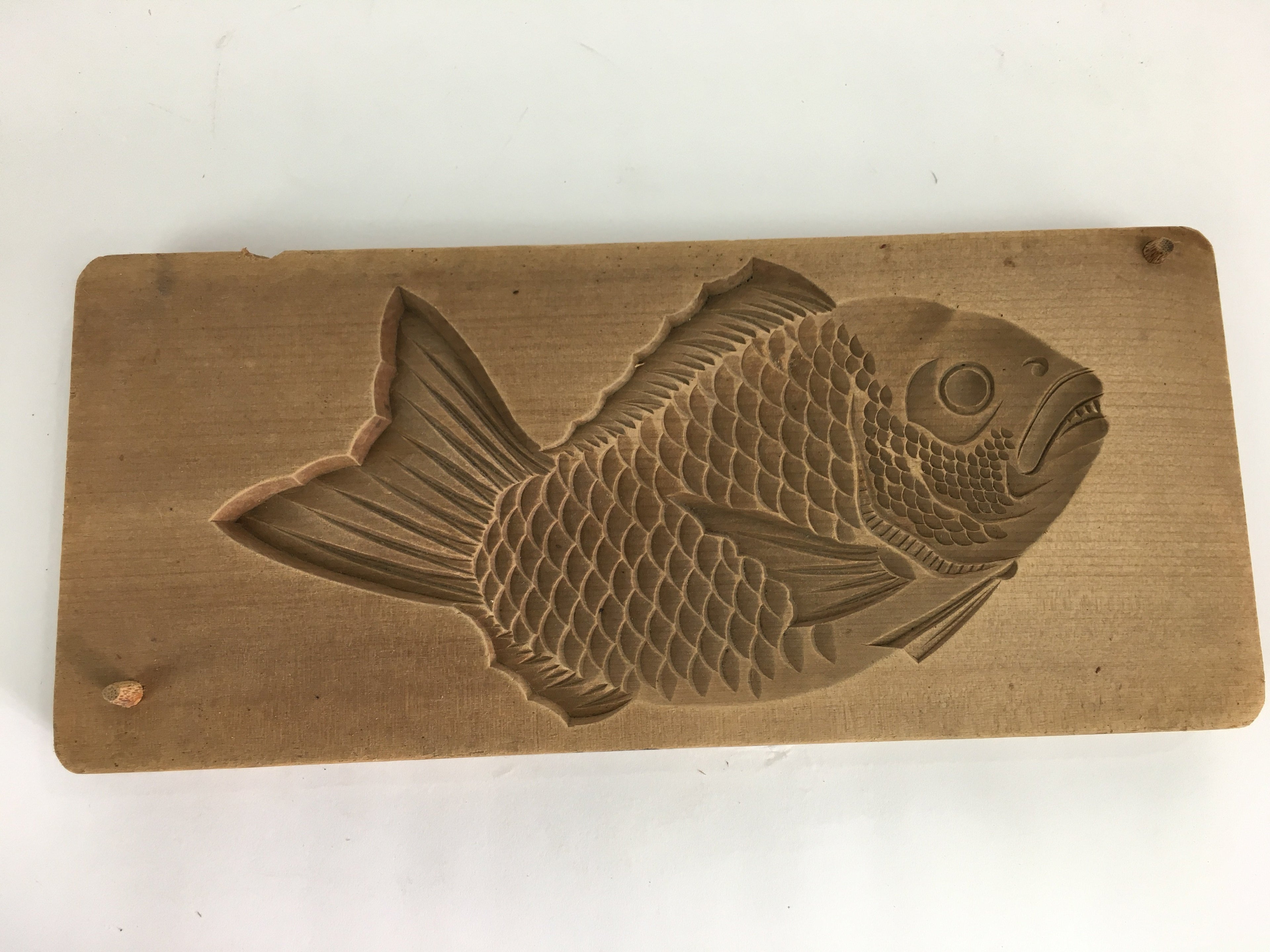 Japanese Wooden Cake Mold Kashigata Sweets Vtg Carving Brown Snapper Kg364