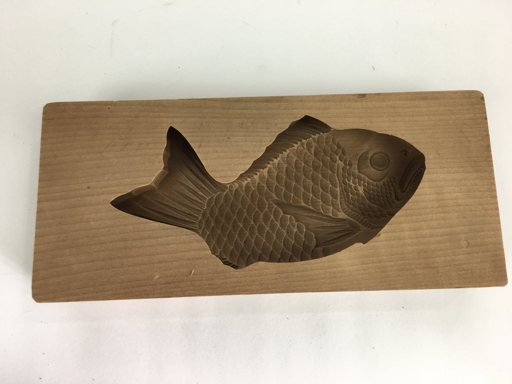 Japanese Wooden Cake Mold Kashigata Sweets Vtg Carving Brown Snapper Kg364