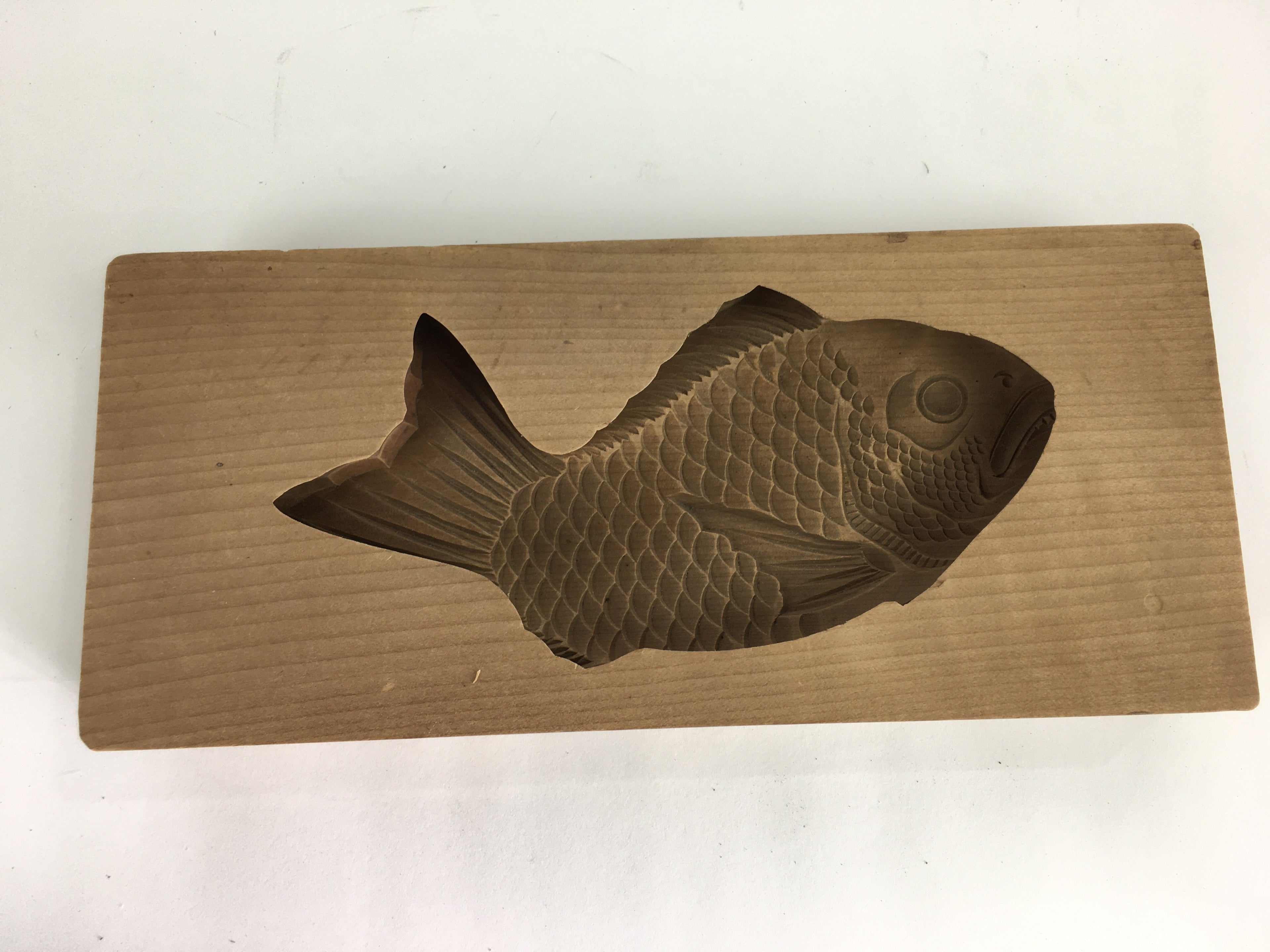 Japanese Wooden Cake Mold Kashigata Sweets Vtg Carving Brown Snapper Kg364