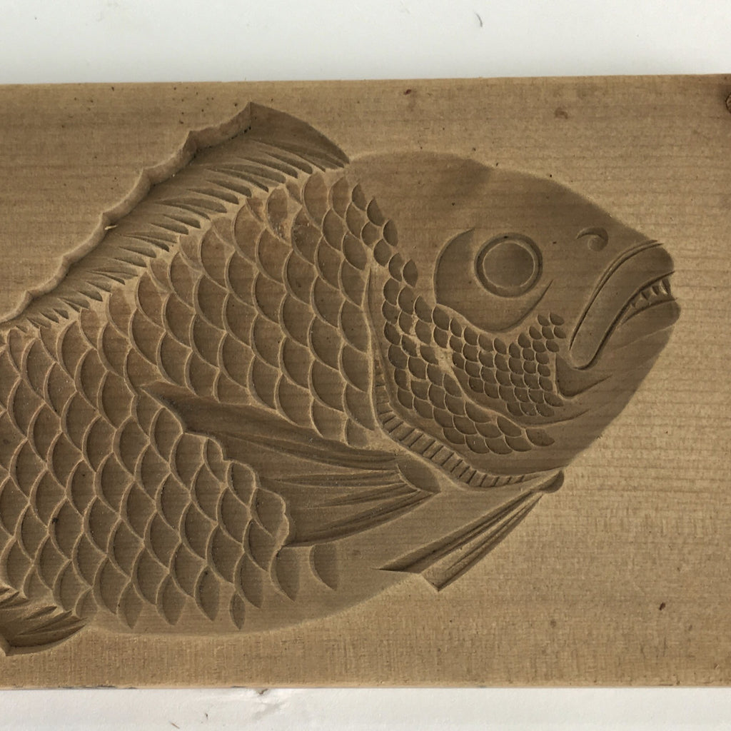 Japanese Wooden Cake Mold Kashigata Sweets Vtg Carving Brown Snapper Kg364