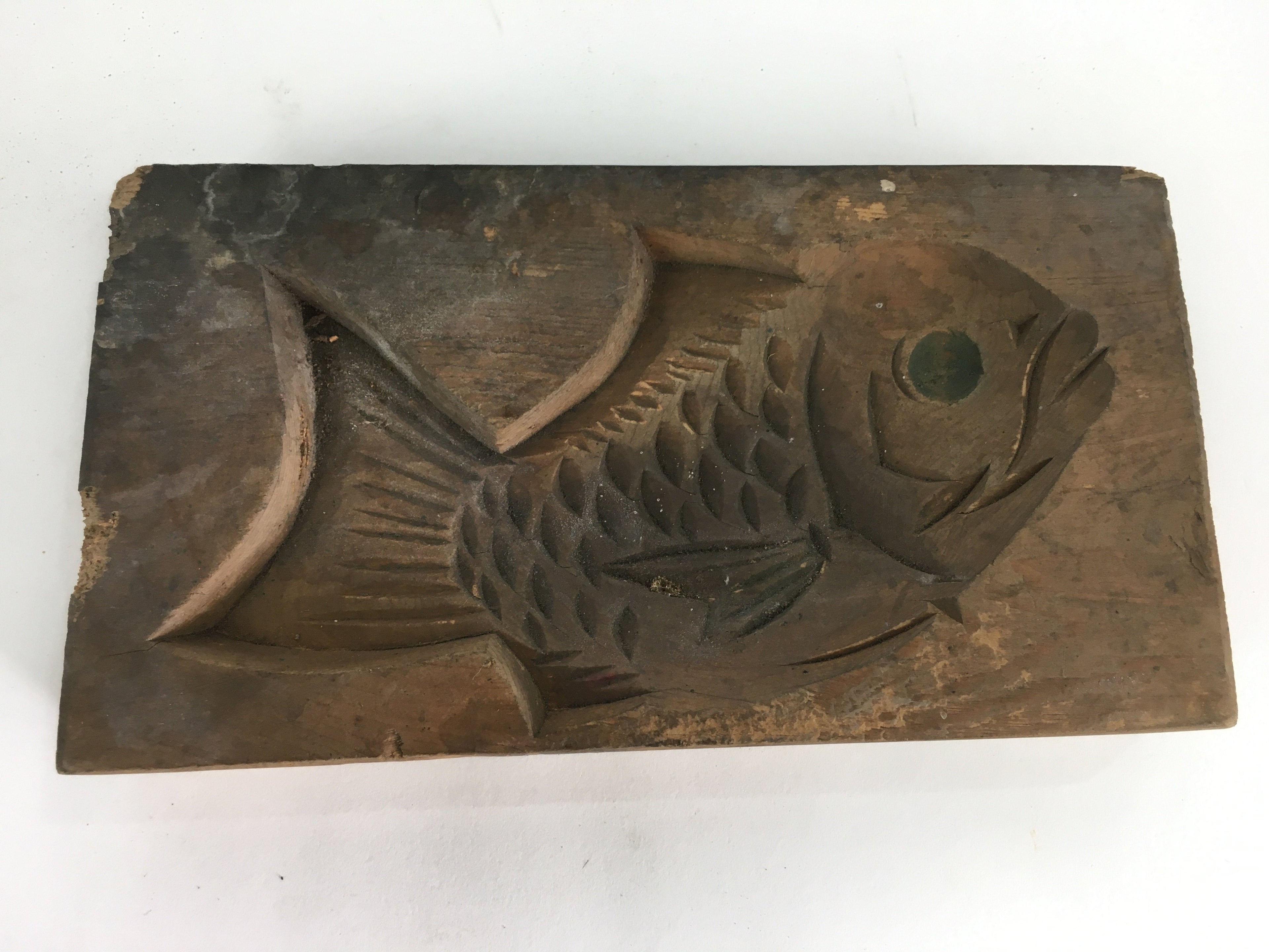 Japanese Wooden Cake Mold Kashigata Sweets Vtg Carving Brown Snapper Kg370