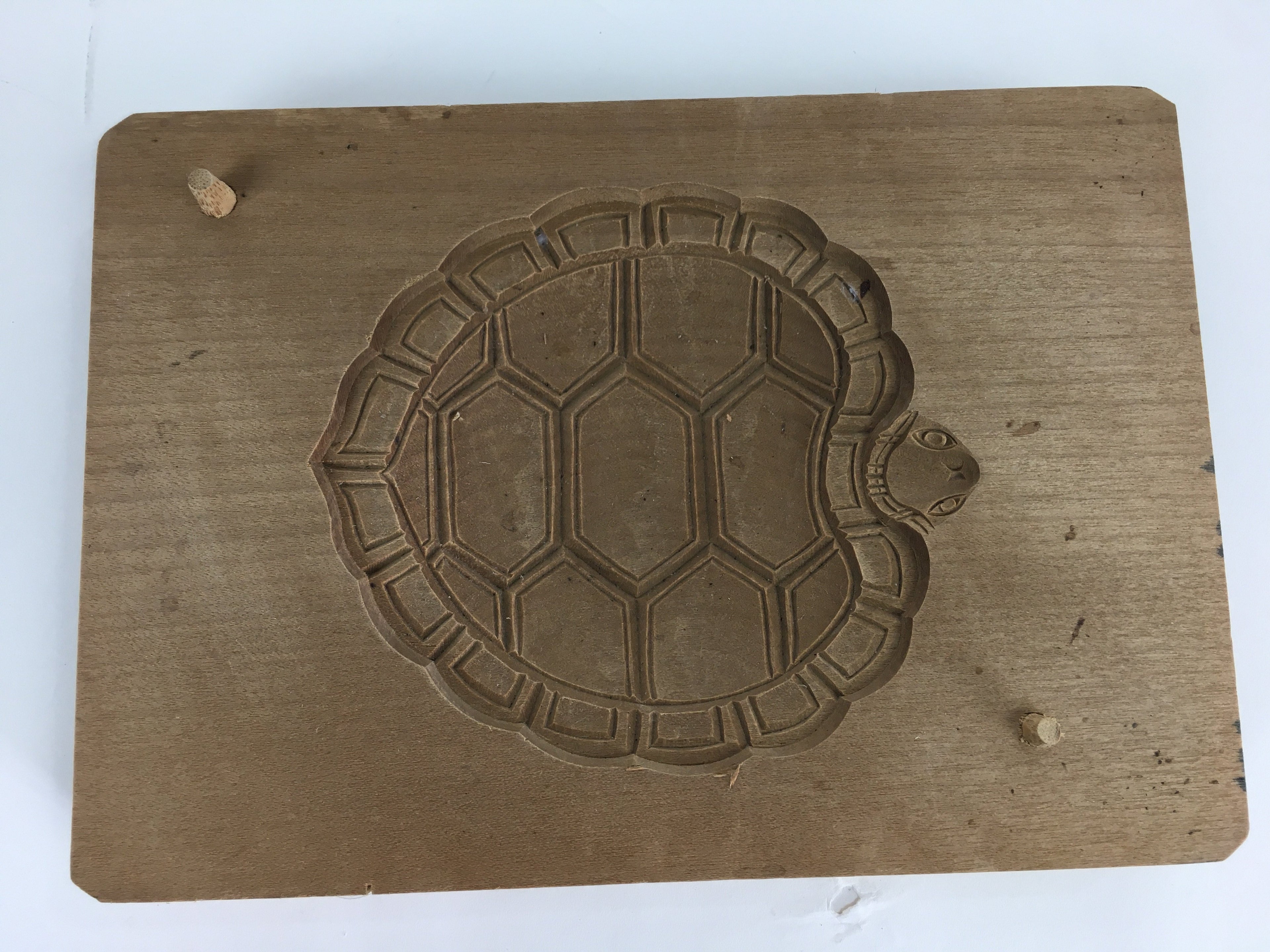 Japanese Wooden Cake Mold Kashigata Sweets Vtg Carving Brown Turtle Kg360
