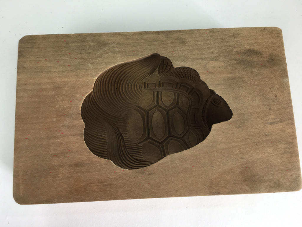 Japanese Wooden Cake Mold Kashigata Sweets Vtg Carving Brown Turtle Kg361