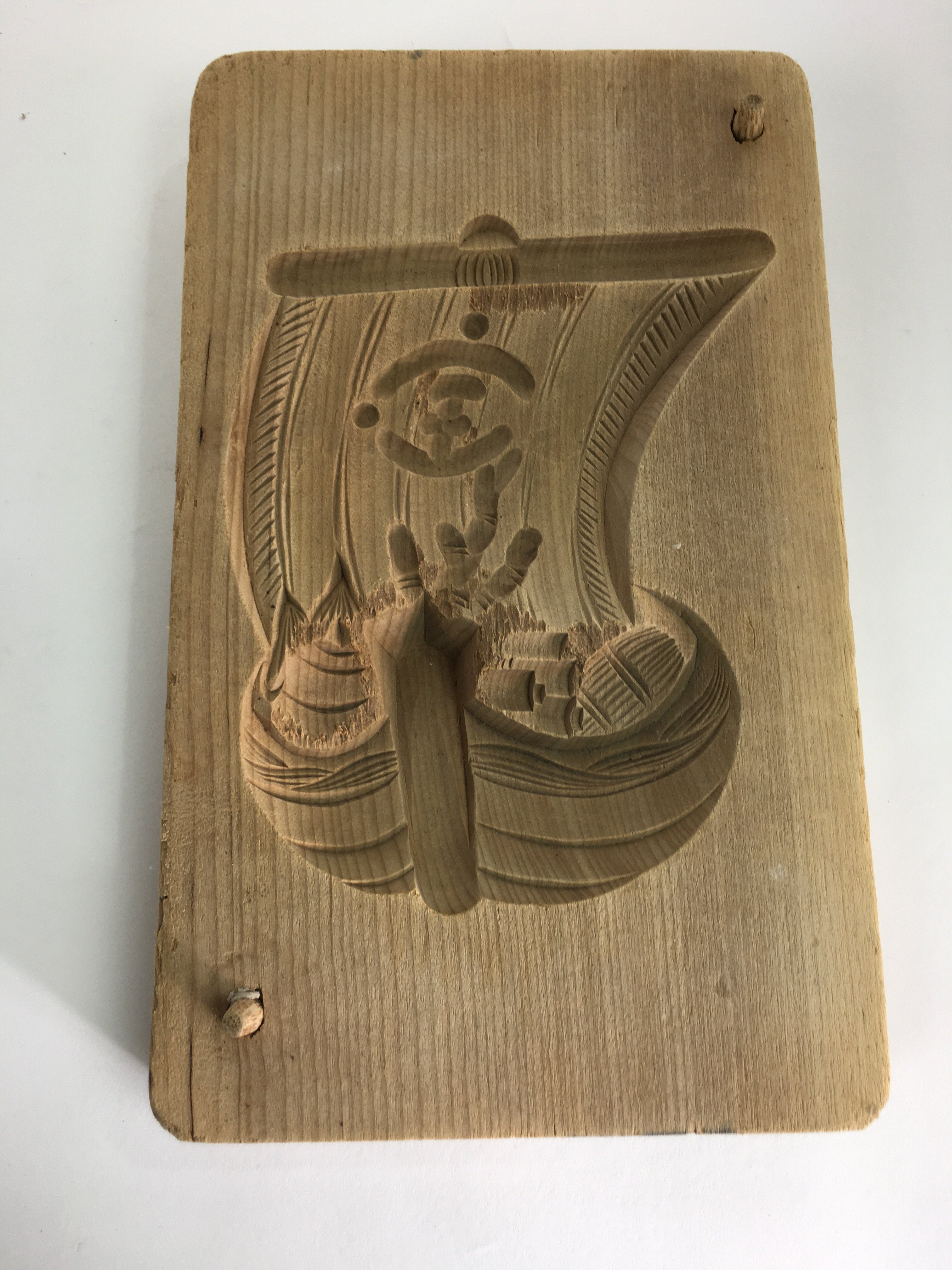 Japanese Wooden Cake Mold Kashigata Sweets Vtg Carving Treasure Ship Kg366