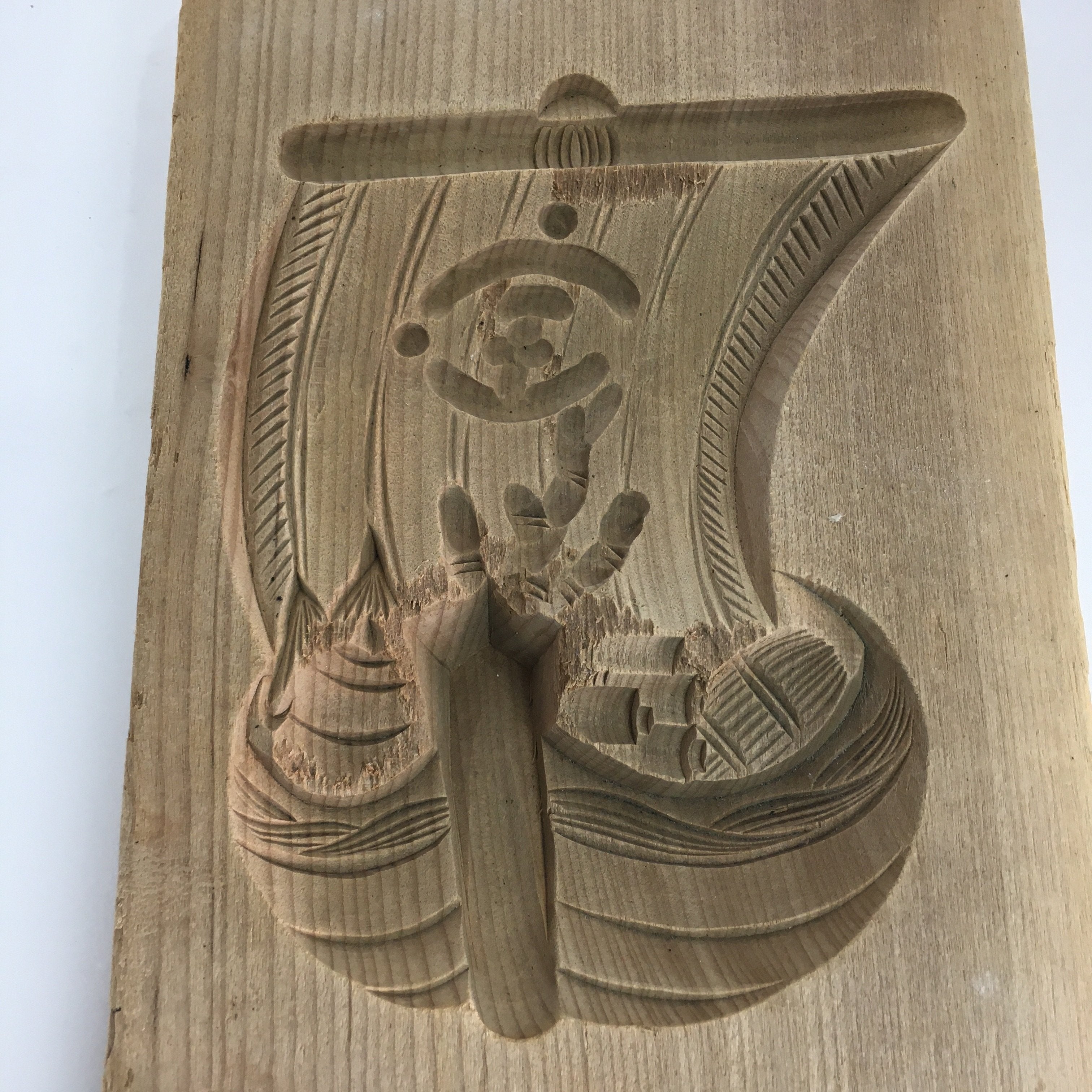 Japanese Wooden Cake Mold Kashigata Sweets Vtg Carving Treasure Ship Kg366