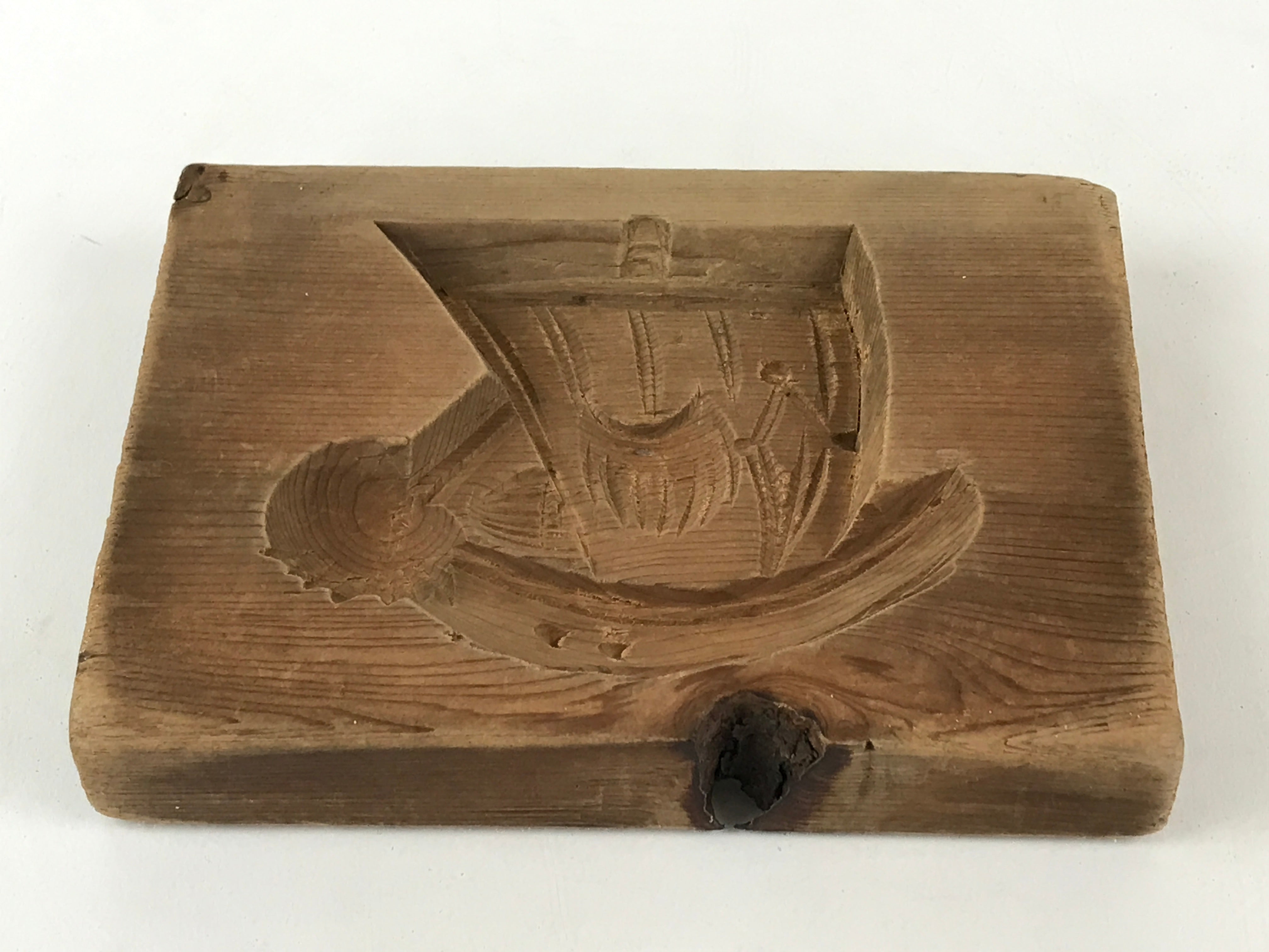 Japanese Wooden Carved Cake Mold Kashigata Sweet Wagashi Vtg Sailing Boat Kg426