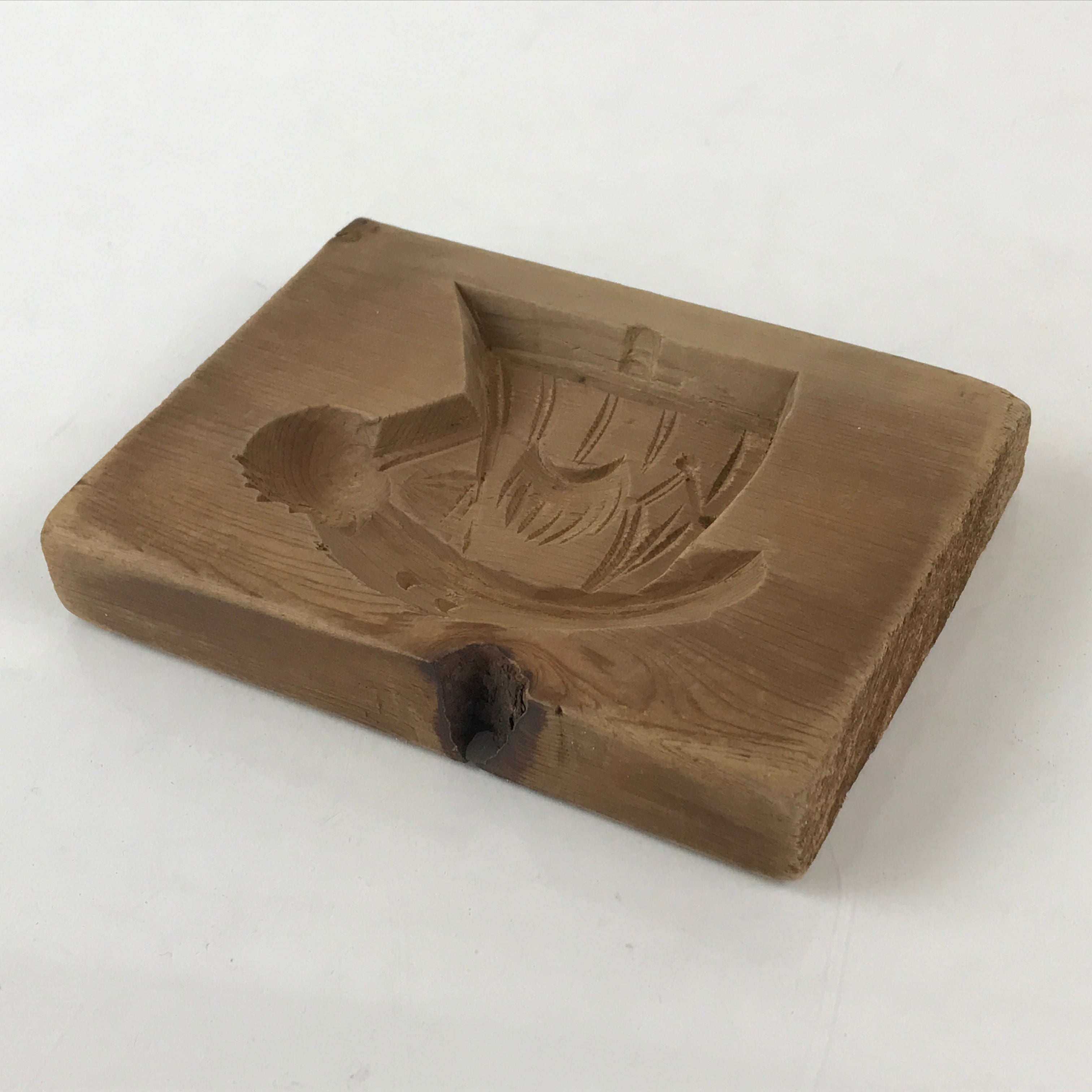 Japanese Wooden Carved Cake Mold Kashigata Sweet Wagashi Vtg Sailing Boat Kg426