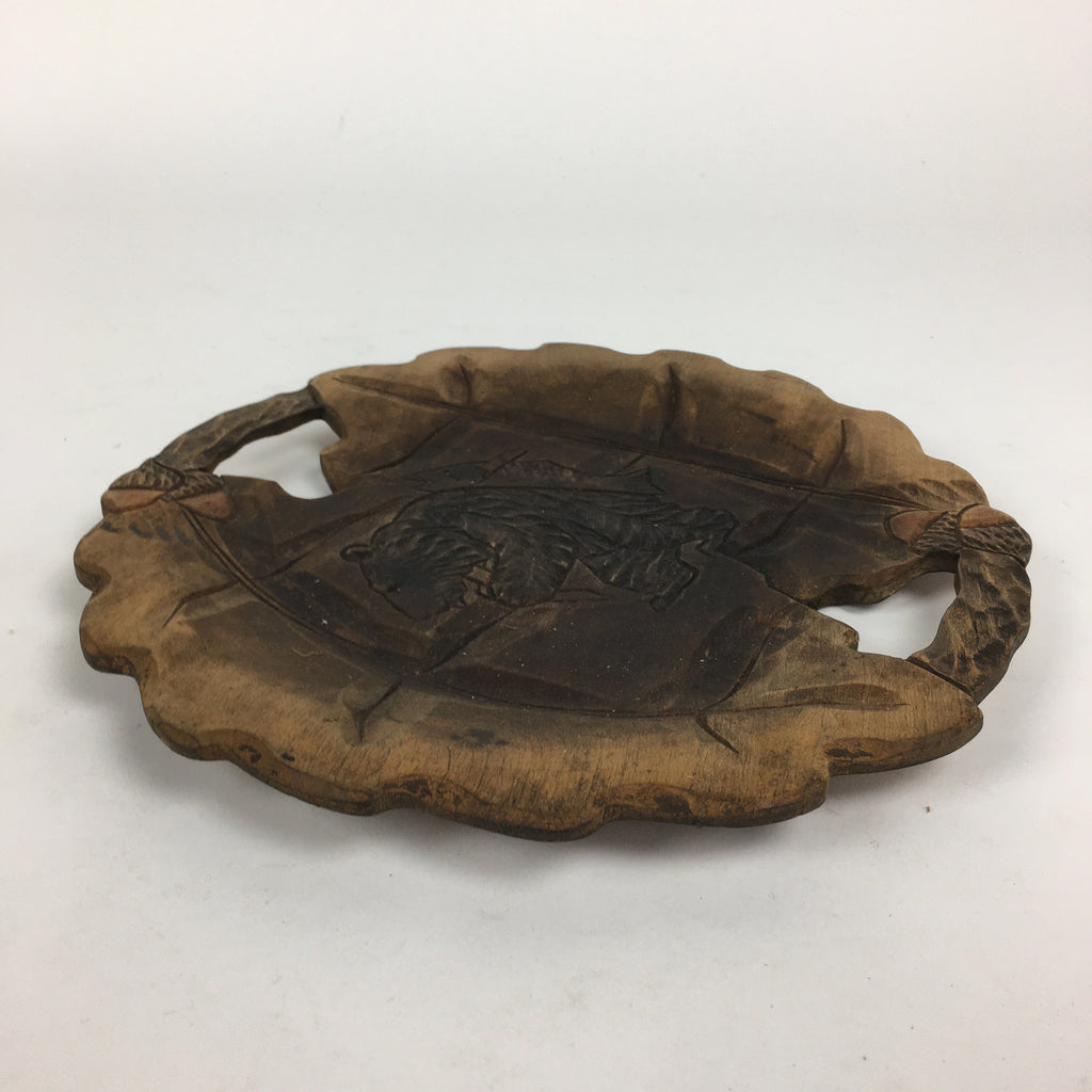 Japanese Wooden Carving Tray Obon Vtg Natural Wood Bear And Salmon UR639