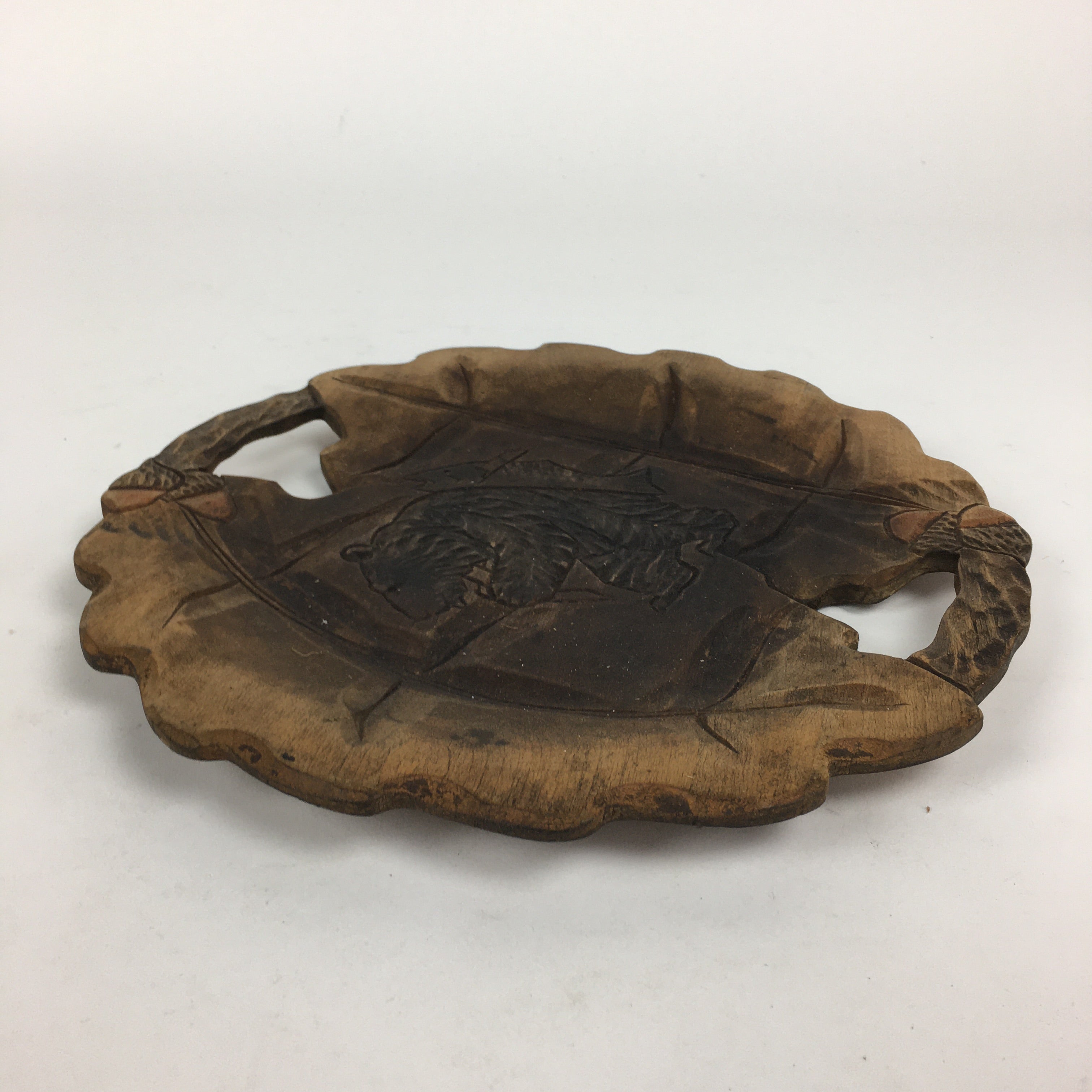 Japanese Wooden Carving Tray Obon Vtg Natural Wood Bear And Salmon UR639