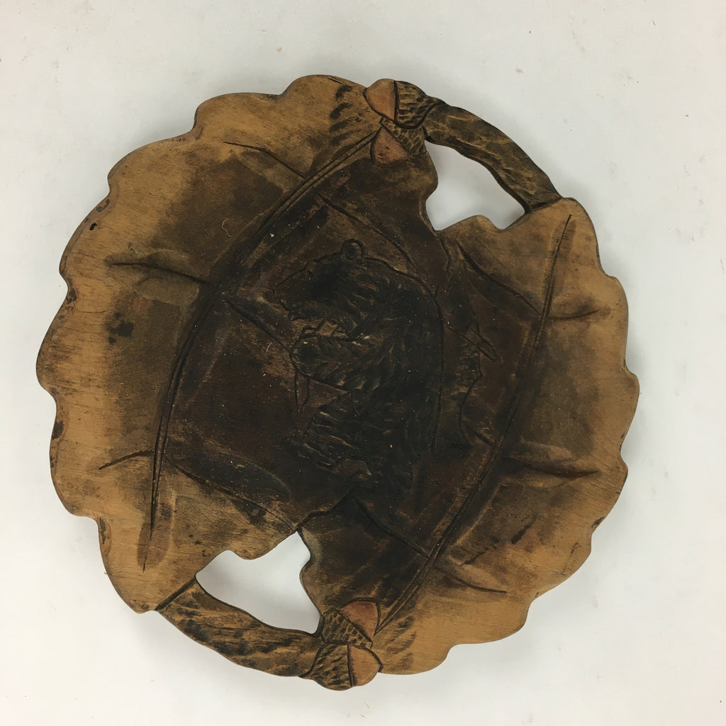 Japanese Wooden Carving Tray Obon Vtg Natural Wood Bear And Salmon UR639