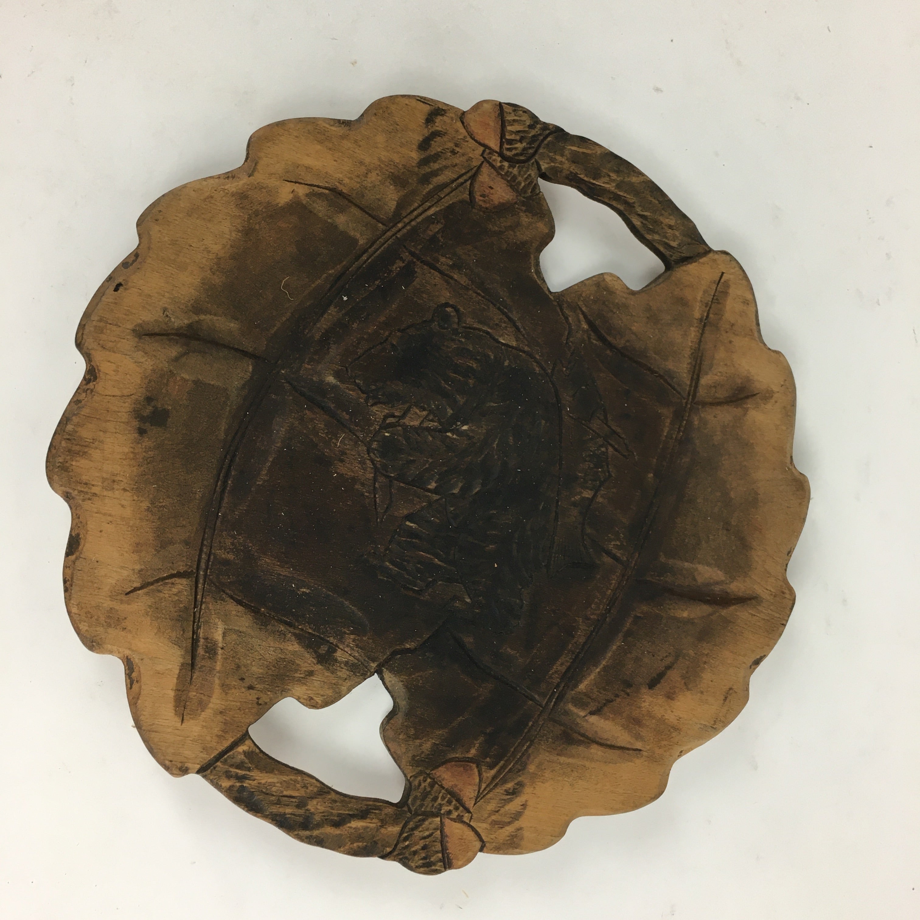 Japanese Wooden Carving Tray Obon Vtg Natural Wood Bear And Salmon UR639