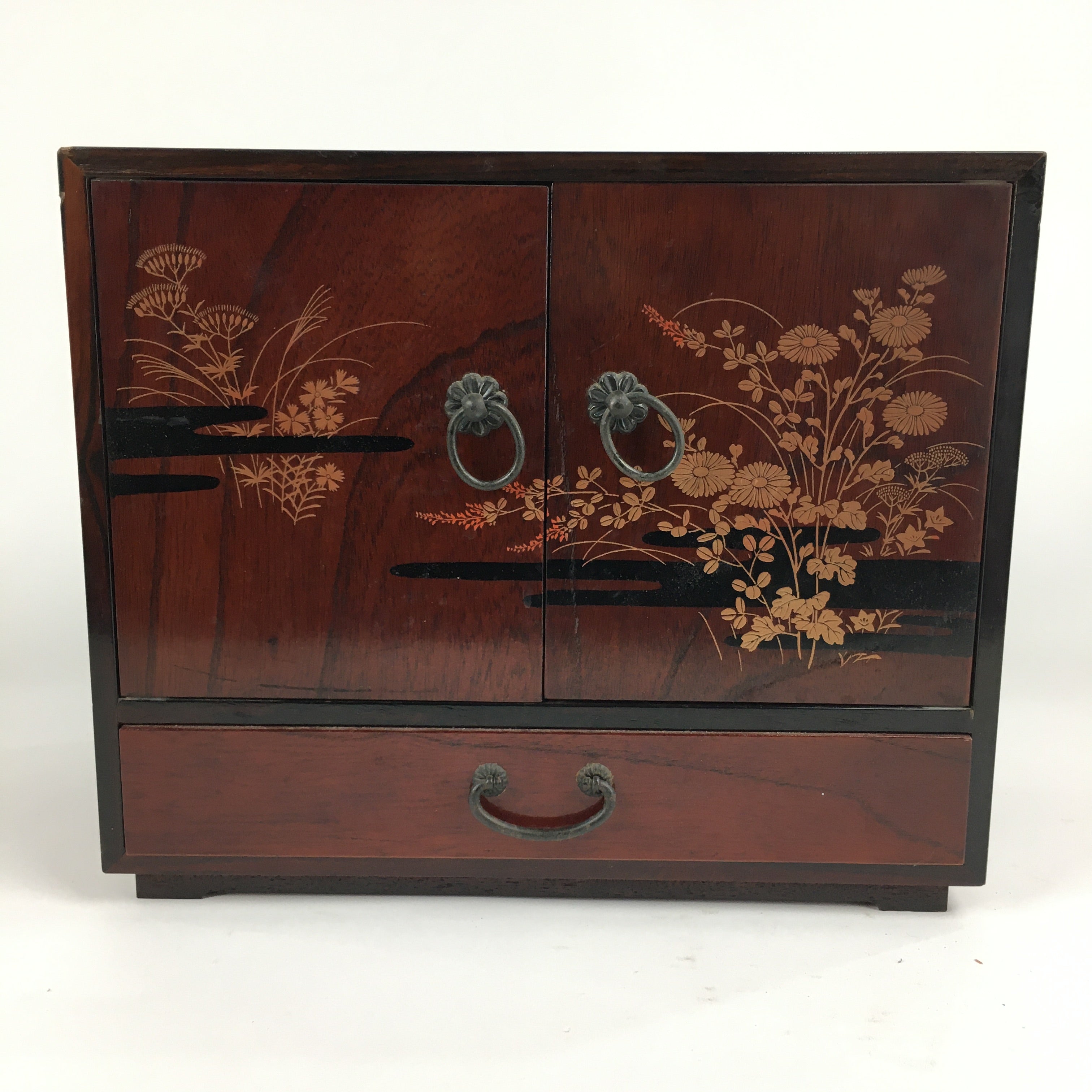 Japanese Wooden Chest Of Drawers Vtg Haribako Maki-e Tansu Brown T286