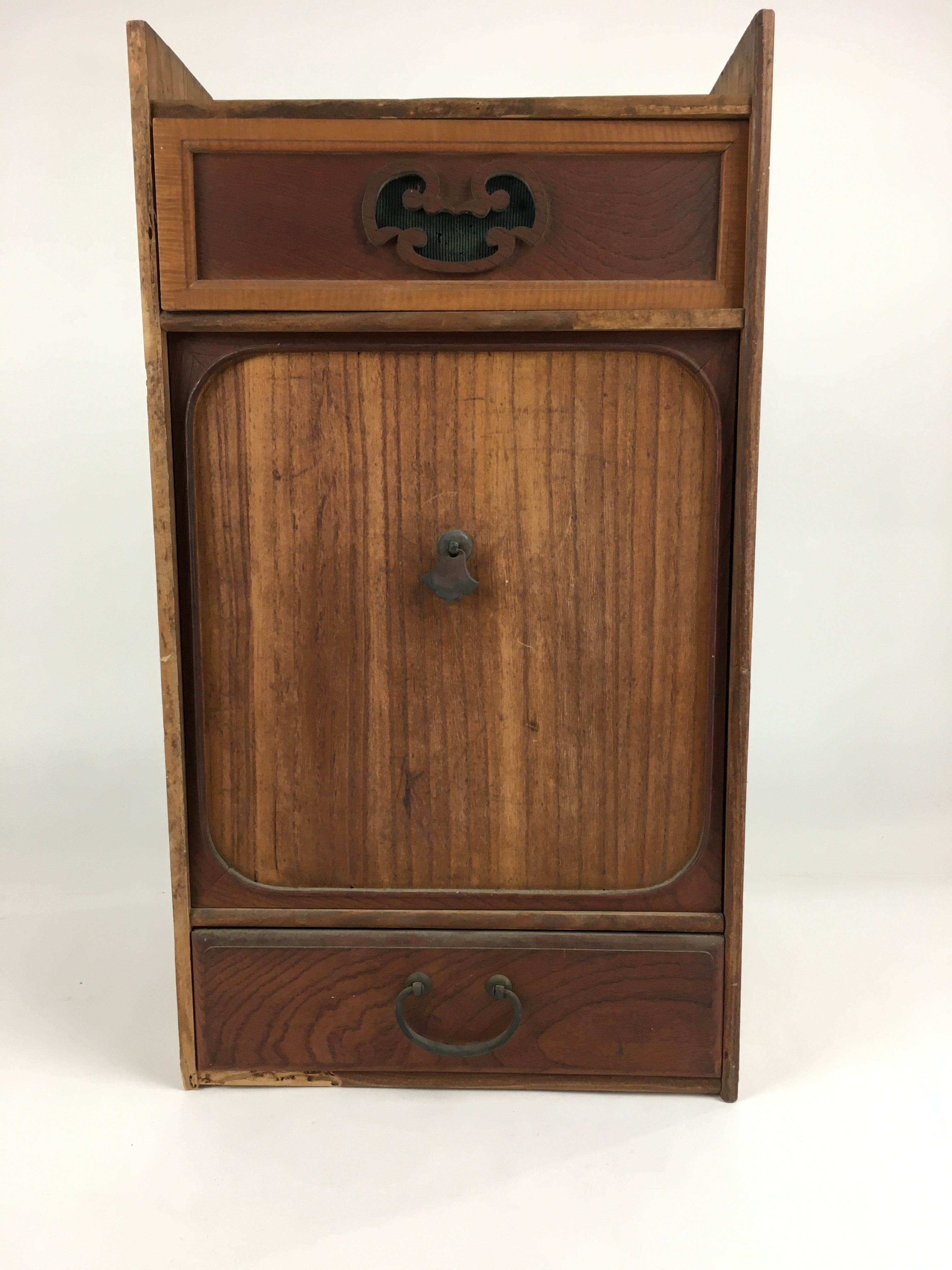 Japanese Wooden Chest Tansu Vtg 2 Panel Door Compartments Drawer T283