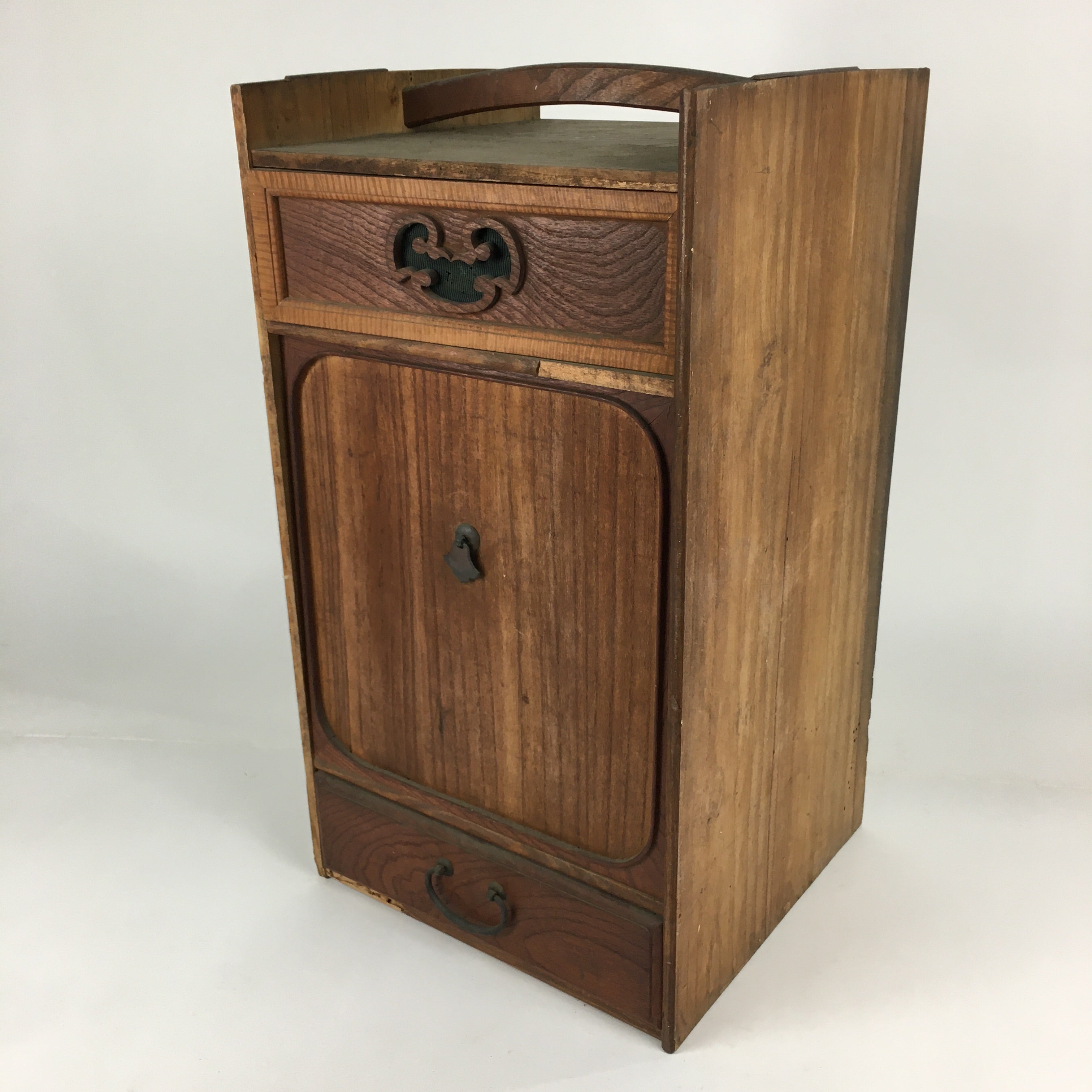 Japanese Wooden Chest Tansu Vtg 2 Panel Door Compartments Drawer T283