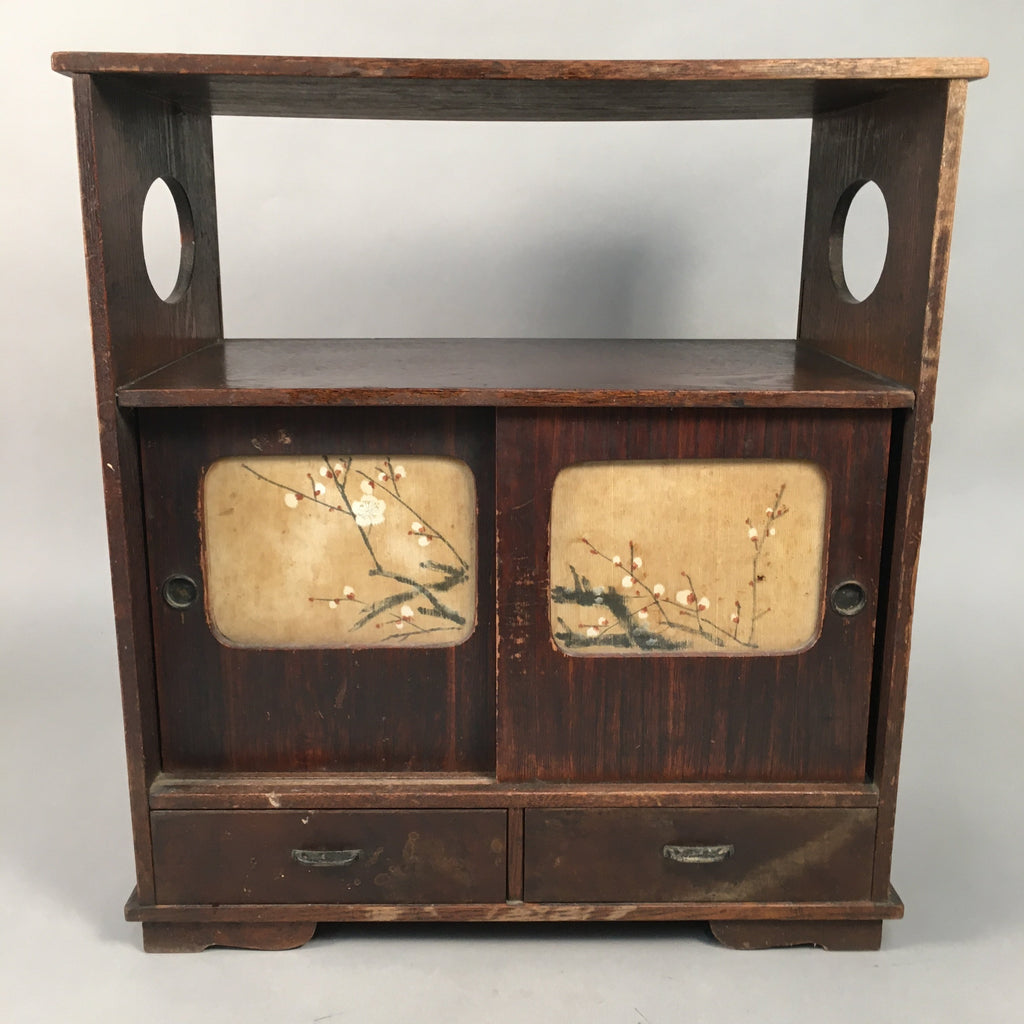 Japanese Wooden Chest Vtg Tansu 2 Drawer Sliding Door Brown Cherry Blossom T226