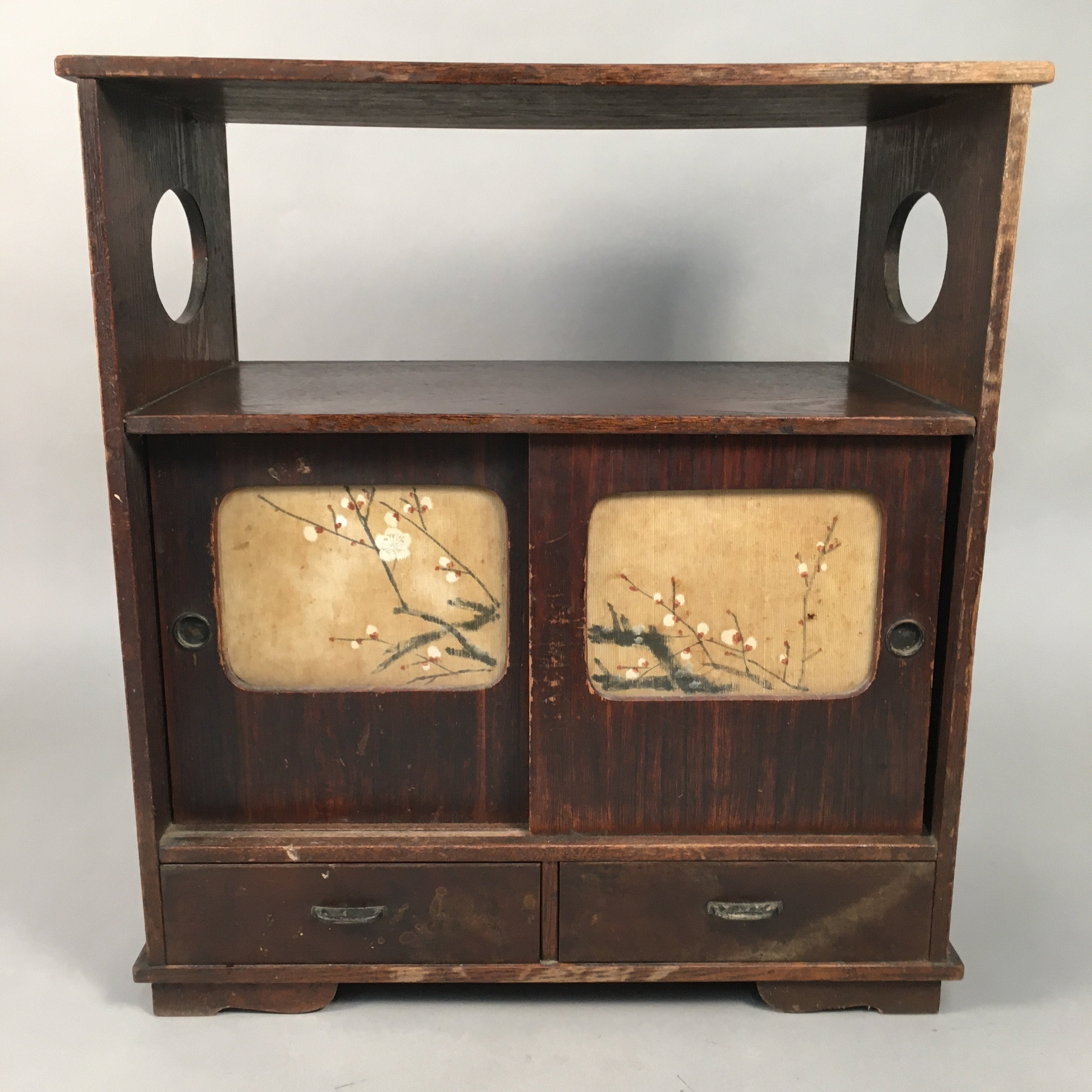 Japanese Wooden Chest Vtg Tansu 2 Drawer Sliding Door Brown Cherry Blossom T226