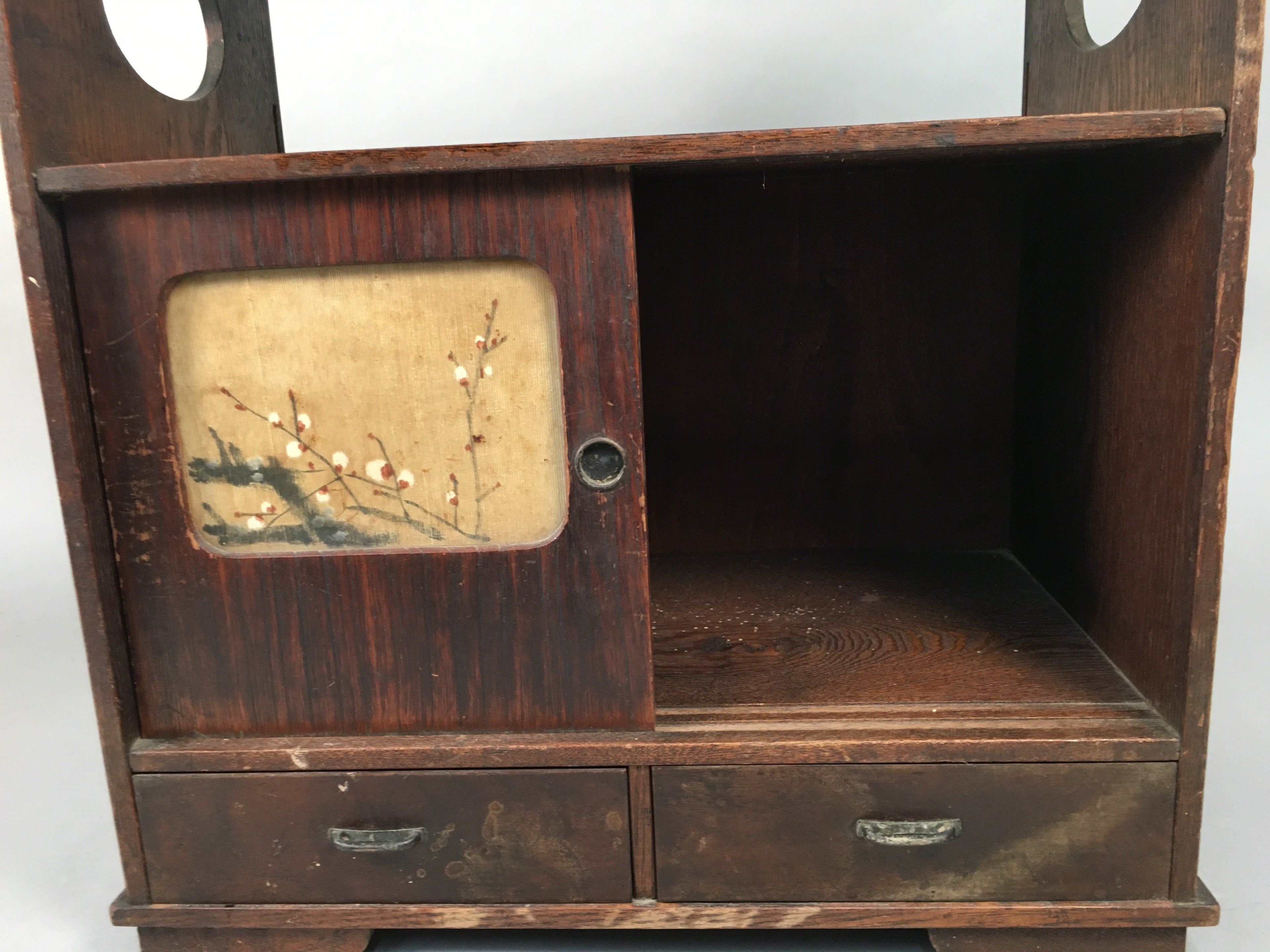 Japanese Wooden Chest Vtg Tansu 2 Drawer Sliding Door Brown Cherry Blossom T226