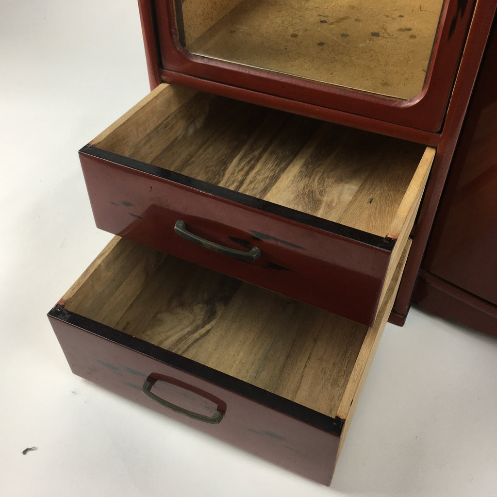 Japanese Wooden Chest of Drawers Vtg 2 Drawers Doors Brown Red T244